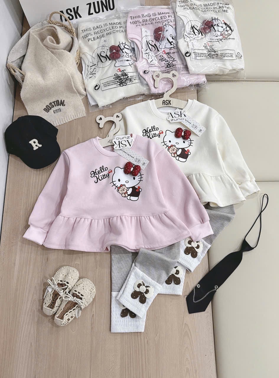G815 - BỘ NỈ BÉ GÁI HELLO KITTY QUẦN LEGGING NƠ NỔI