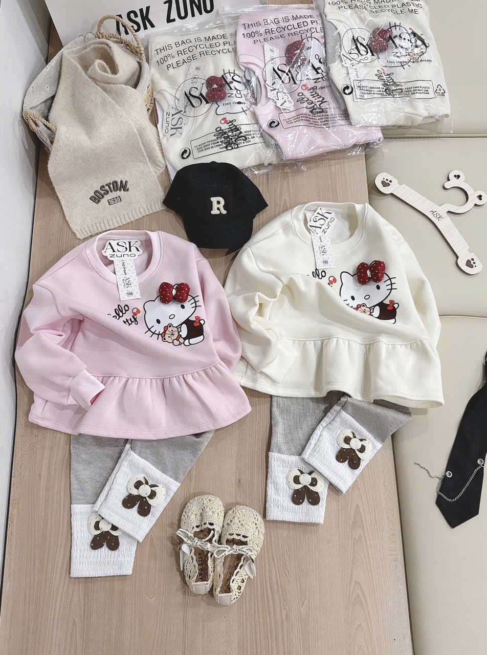 G815 - BỘ NỈ BÉ GÁI HELLO KITTY QUẦN LEGGING NƠ NỔI