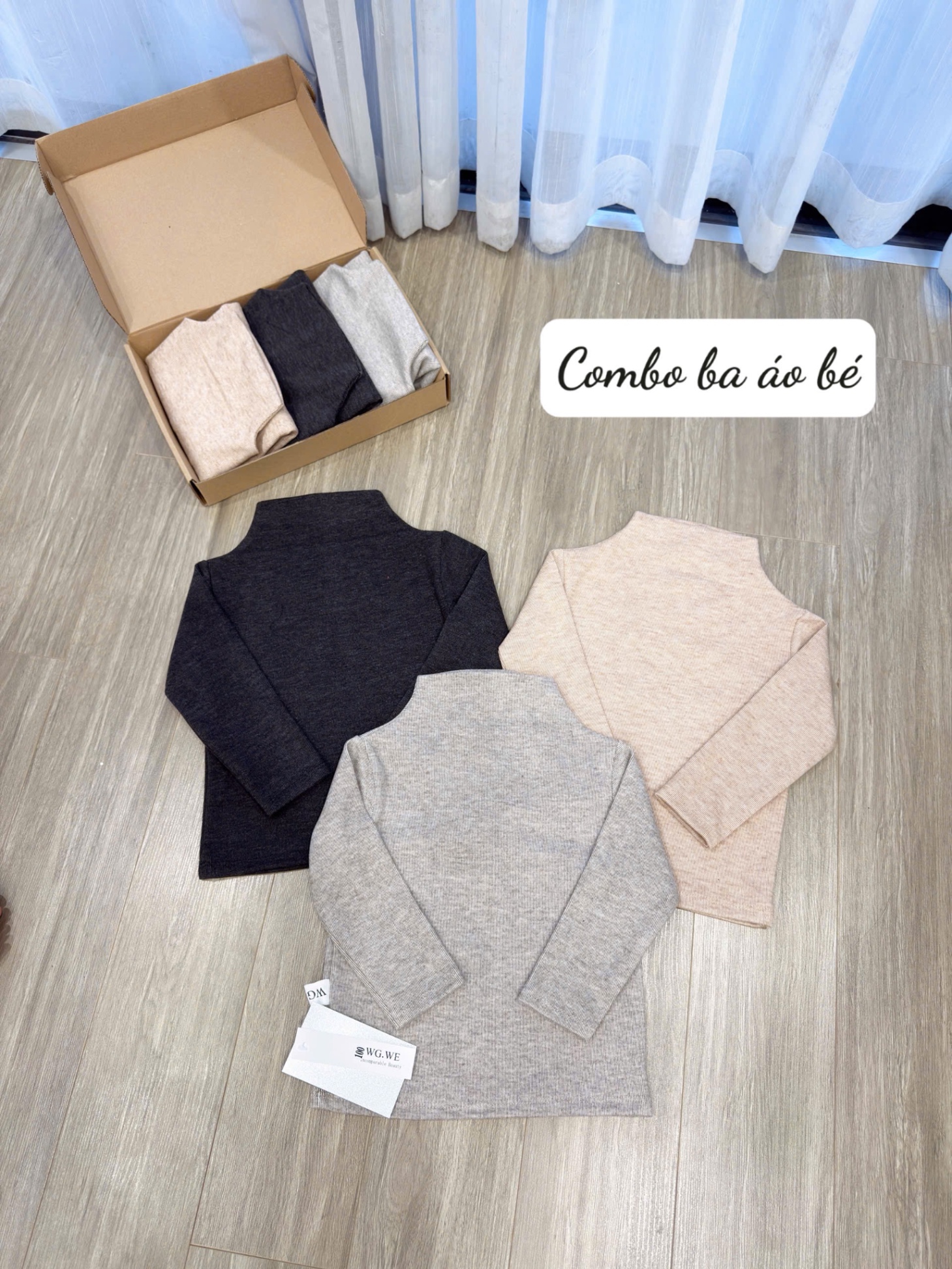 AB829 - SET 3 ÁO BÉ ZIP TĂM CAO CỔ đen xám be
