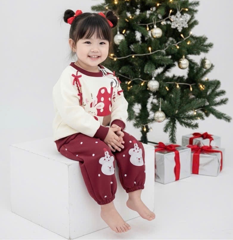 G821 - BỘ NỈ BÉ GÁI HAIDA ÁO BE NẤM NƠ QUẦN ĐỎ