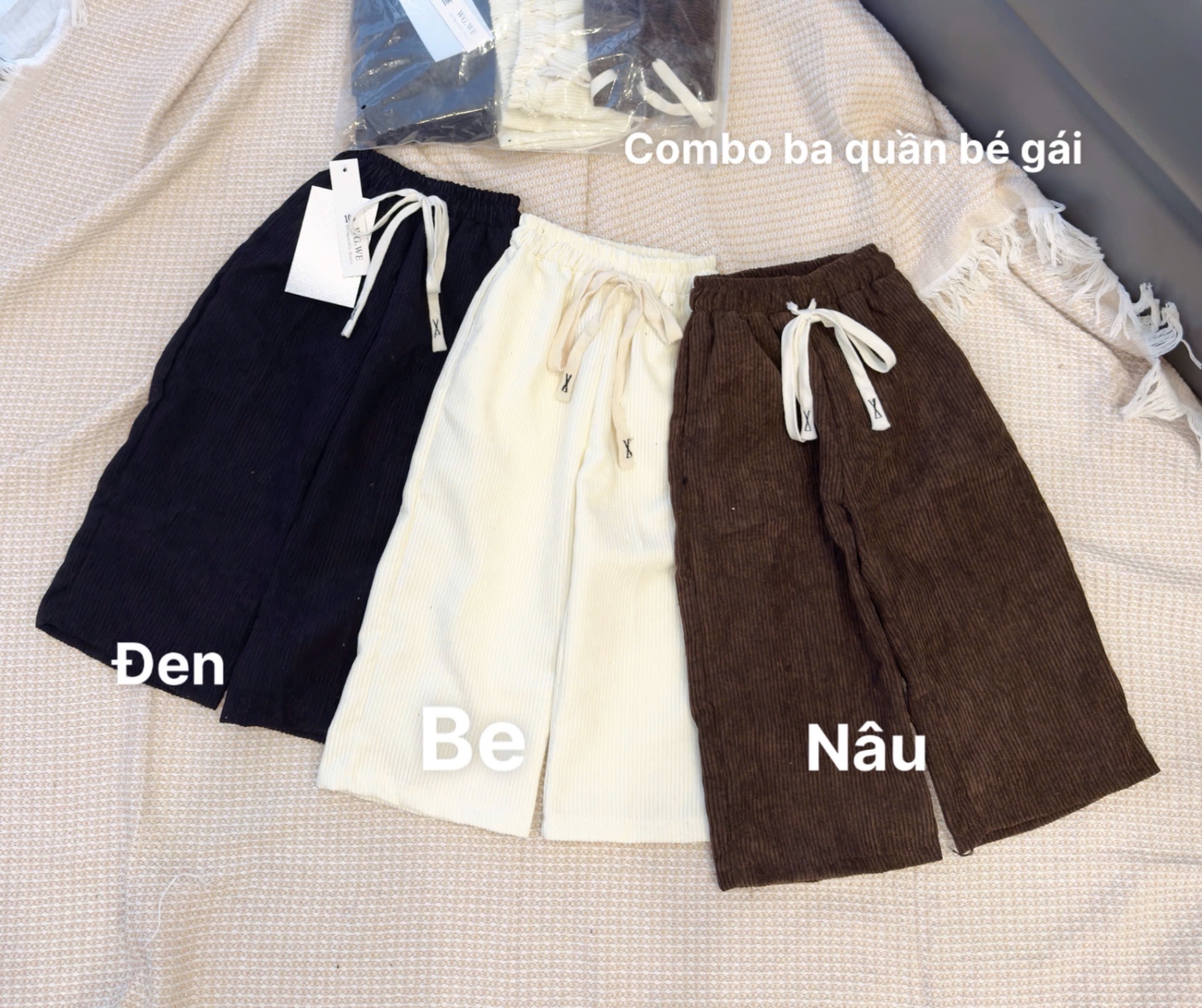 QB353 - SET 3 QUẦN BÉ GÁI NHUNG TĂM SUÔNG đen nâu be