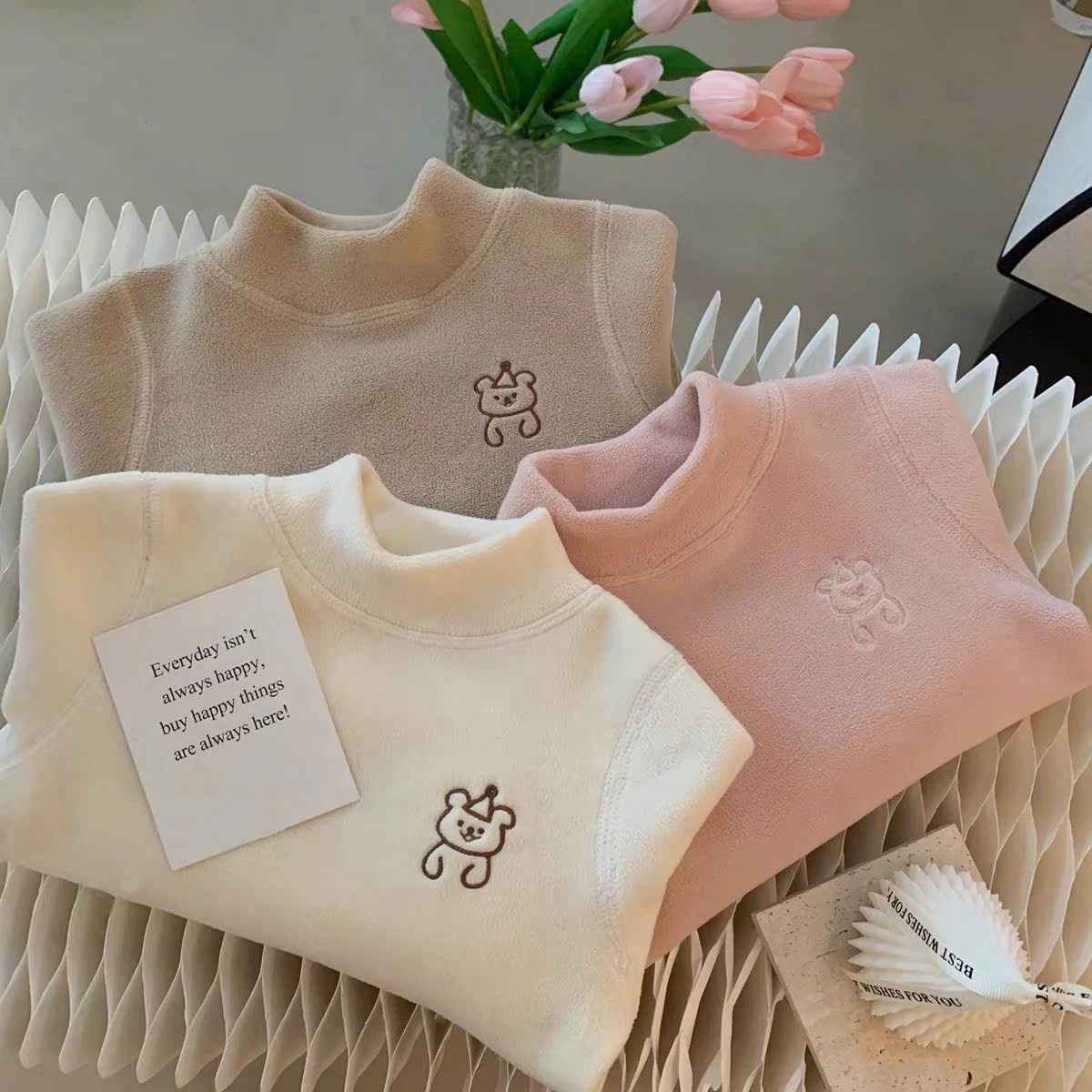 AB832 - SET 3 ÁO BÉ GÁI ZIP LÔNG 3P THÊU GẤU nâu hồng be