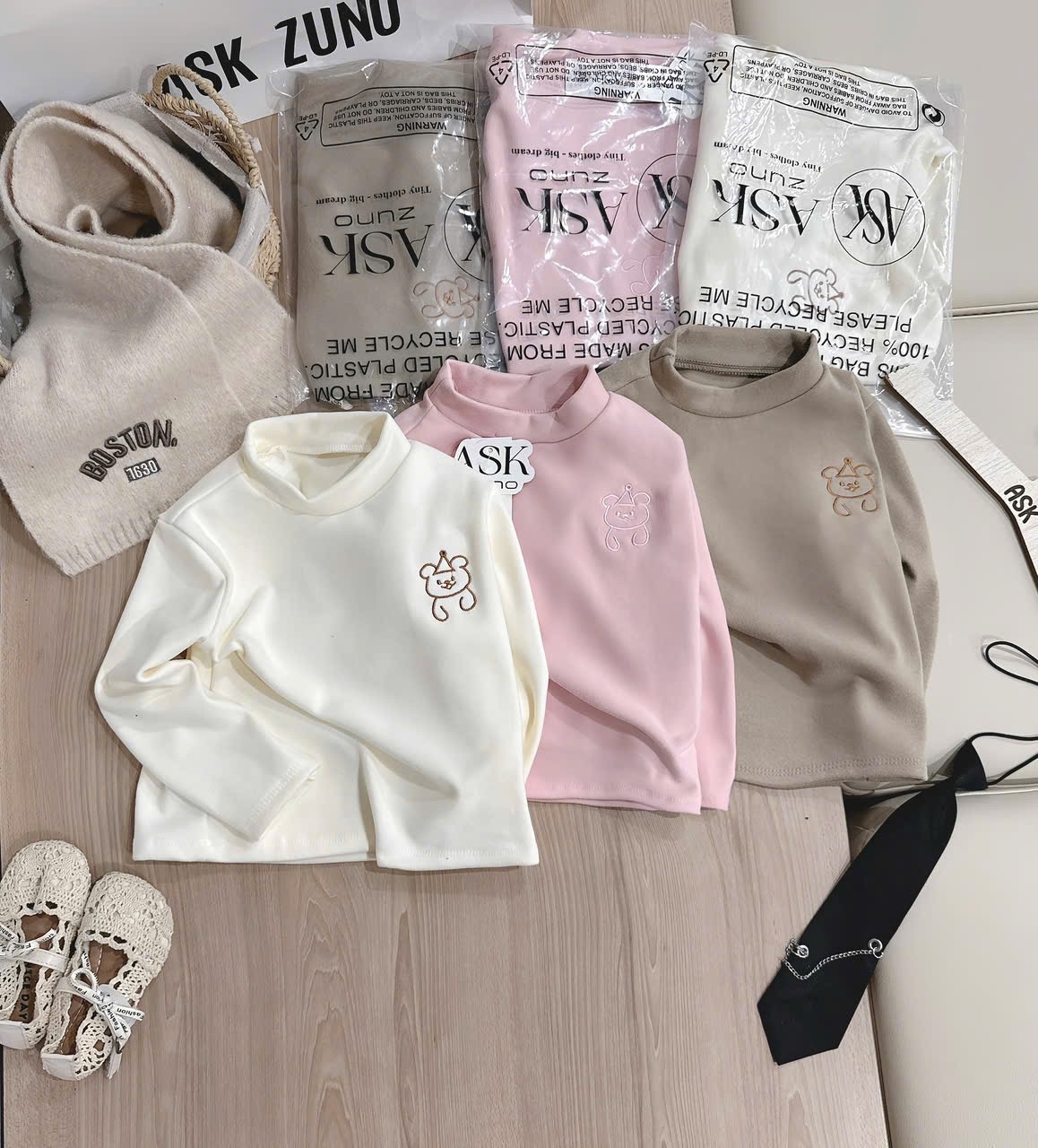 AB832 - SET 3 ÁO BÉ GÁI ZIP LÔNG 3P THÊU GẤU nâu hồng be