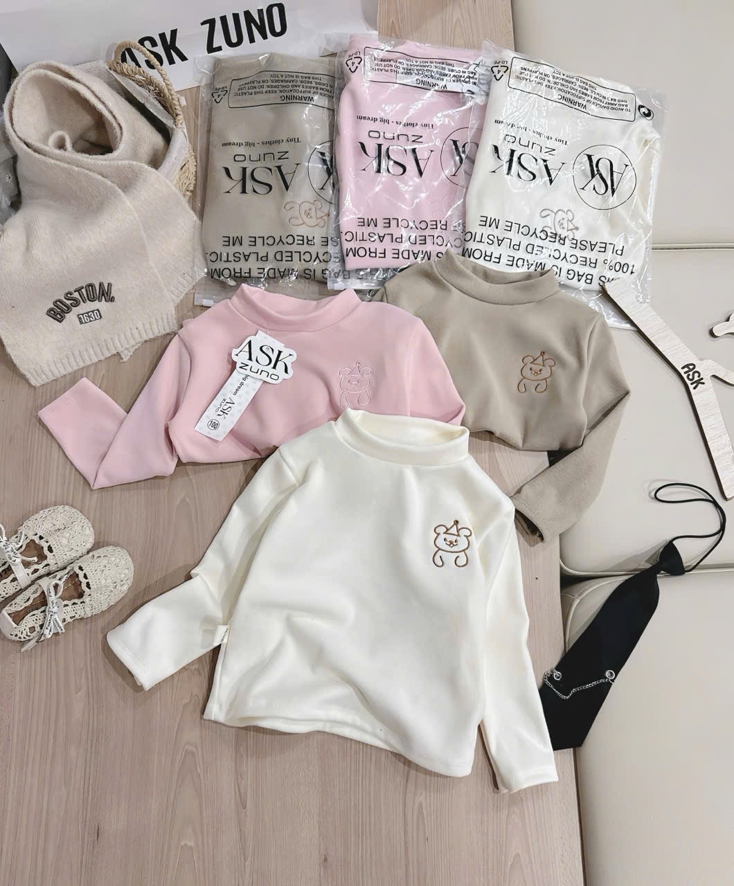 AB832 - SET 3 ÁO BÉ GÁI ZIP LÔNG 3P THÊU GẤU nâu hồng be