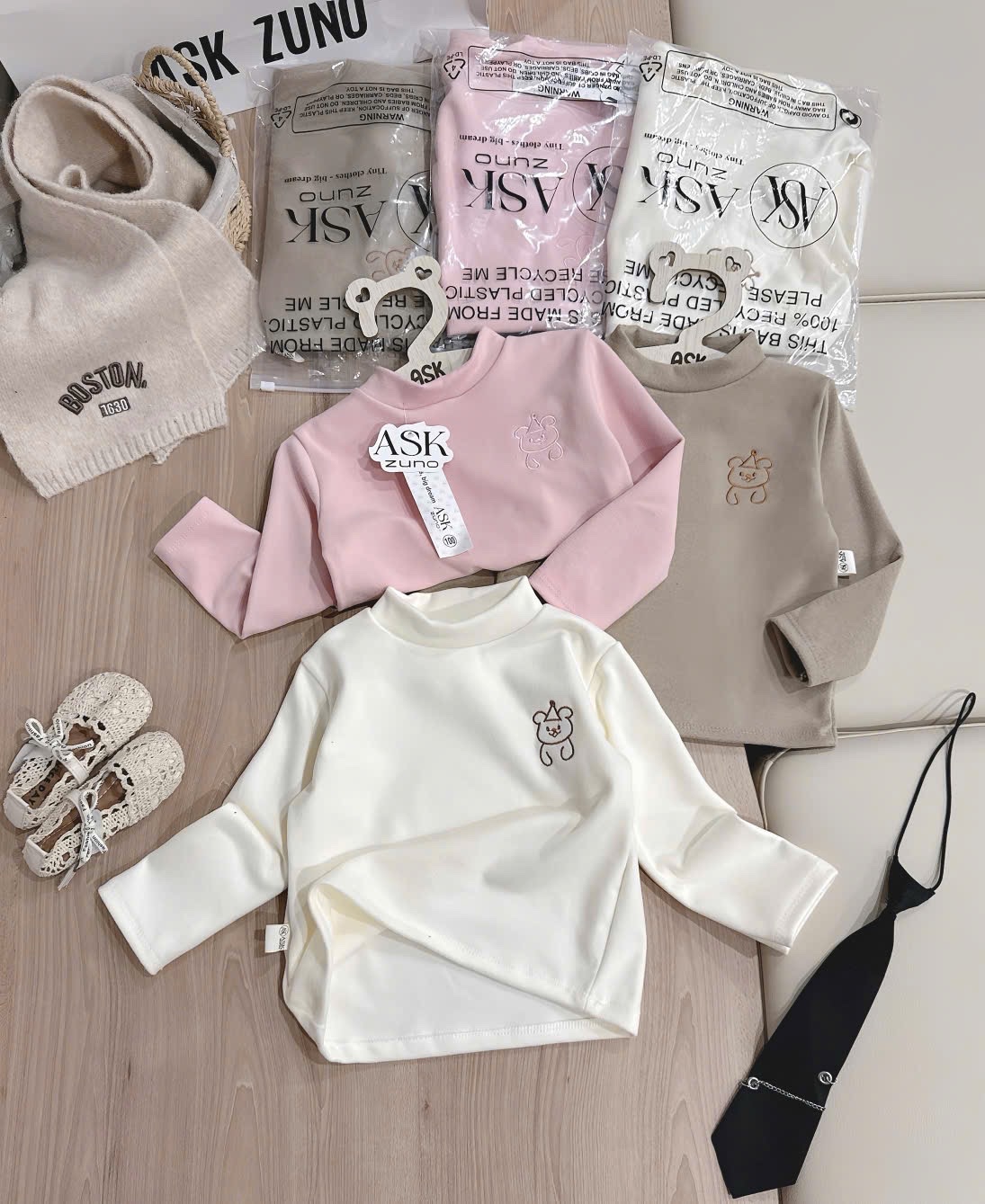 AB832 - SET 3 ÁO BÉ GÁI ZIP LÔNG 3P THÊU GẤU nâu hồng be