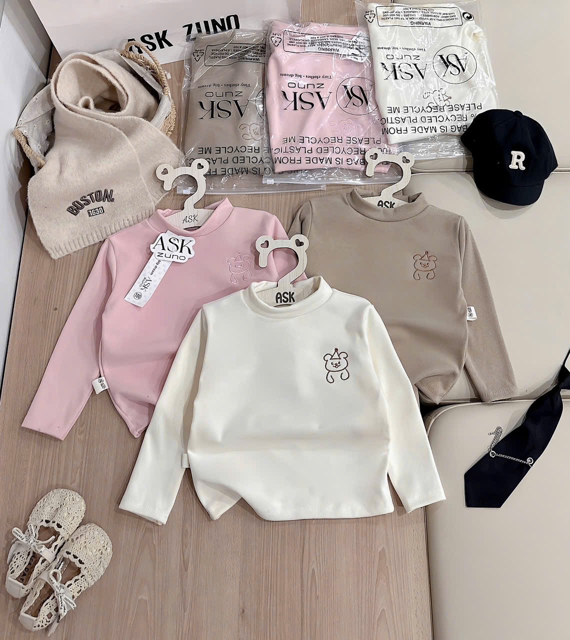 AB832 - SET 3 ÁO BÉ GÁI ZIP LÔNG 3P THÊU GẤU nâu hồng be