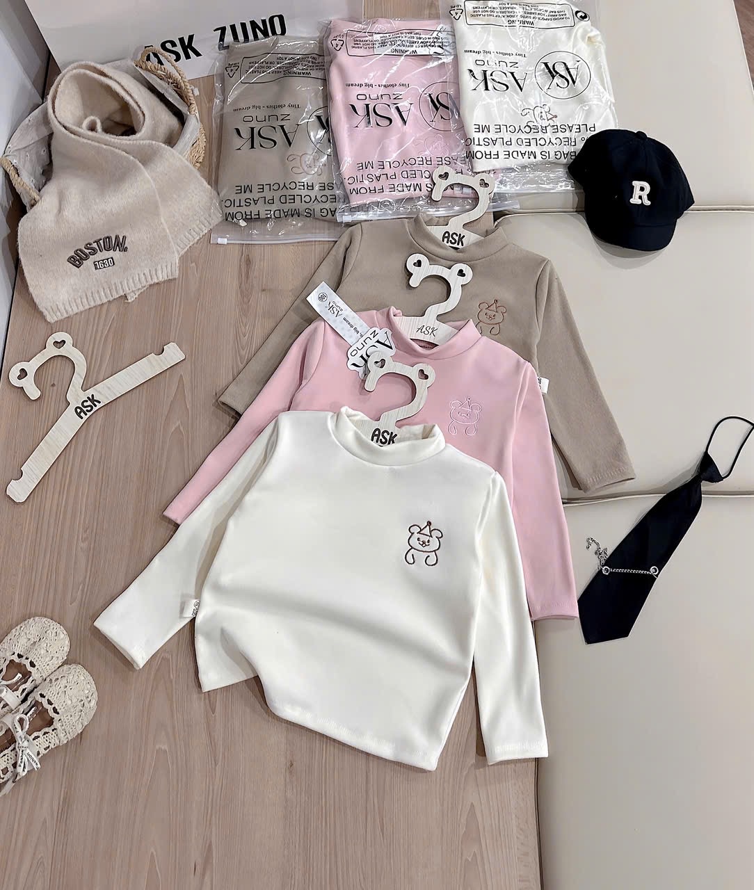 AB832 - SET 3 ÁO BÉ GÁI ZIP LÔNG 3P THÊU GẤU nâu hồng be