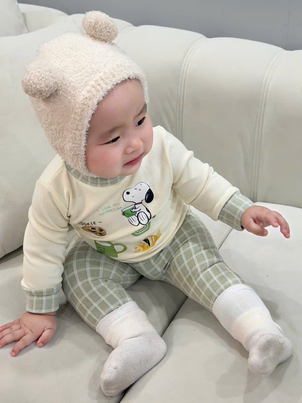 T026 - BỘ BÉ ZIP LÔNG HOẠT HÌNH PHỔI CỔ QUẦN KẺ