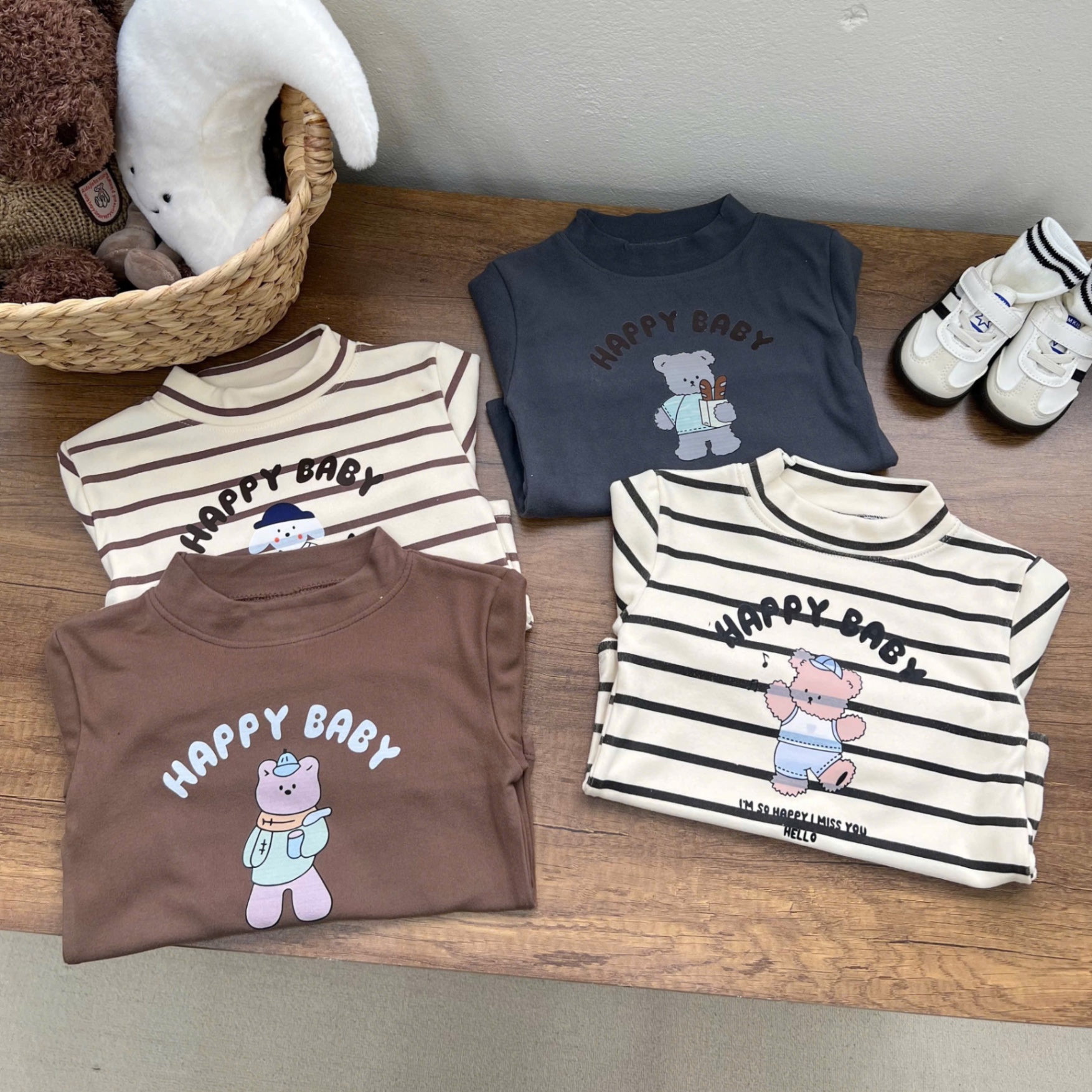 AB836 - SET 4 ÁO BE TRAI CỔ 3P GẤU HAPPY BABY