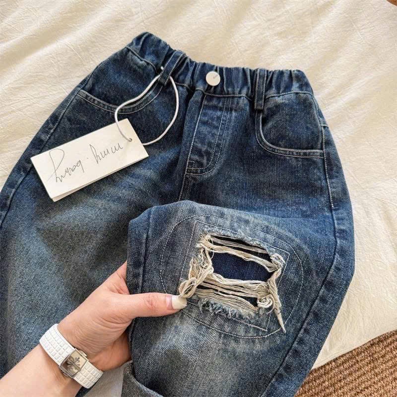 QB354 - QUẦN JEANS BÉ TRAI XANH RÁCH GỐI