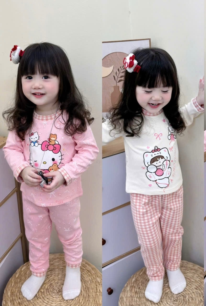 G827 - SET 2 BỘ BÉ GÁI ZIP LÔNG KITTY hồng be PHỐI KẺ