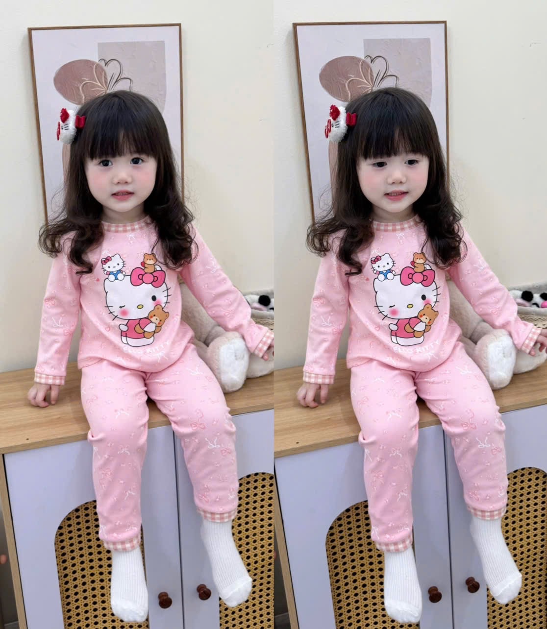 G827 - SET 2 BỘ BÉ GÁI ZIP LÔNG KITTY hồng be PHỐI KẺ