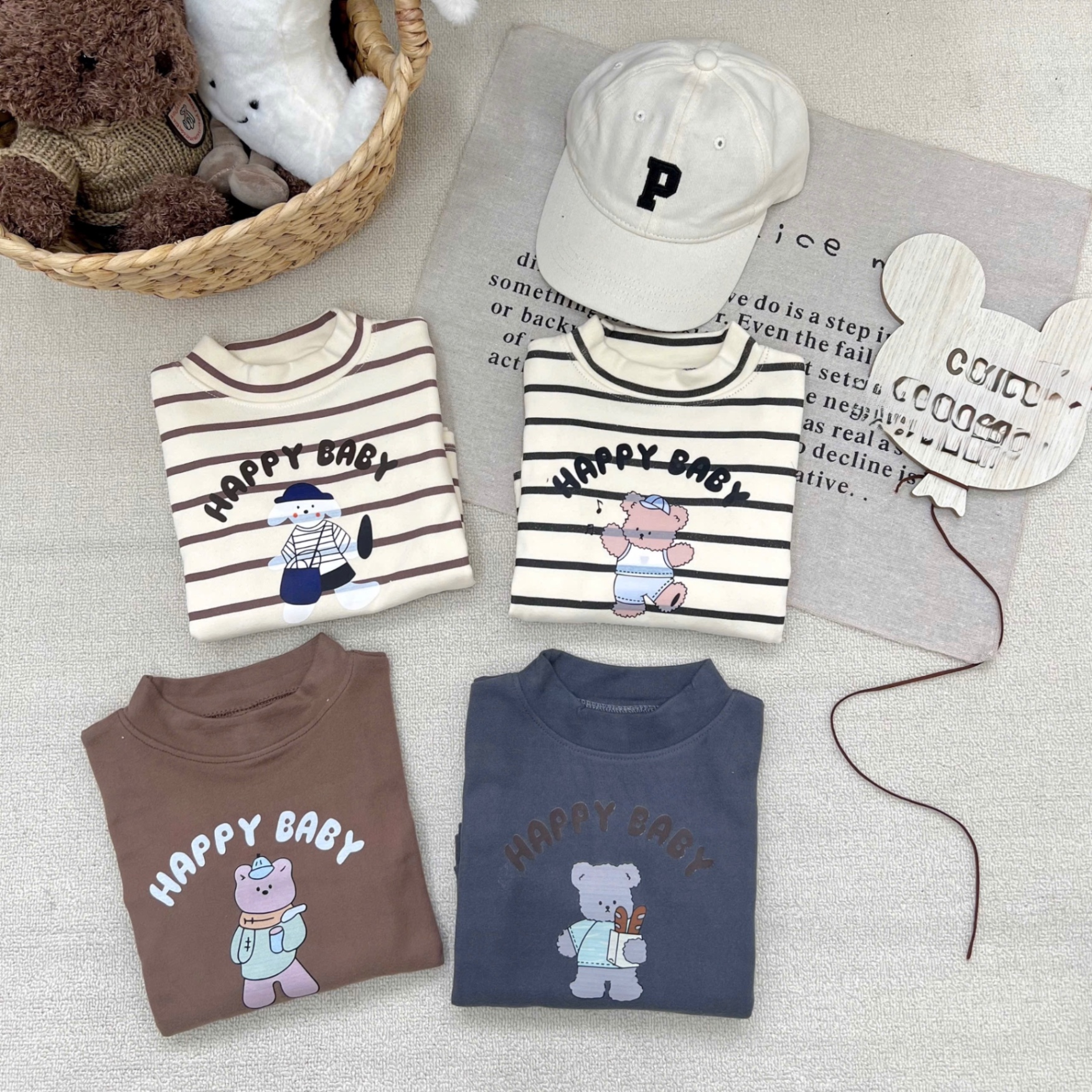 AB836 - SET 4 ÁO BE TRAI CỔ 3P GẤU HAPPY BABY