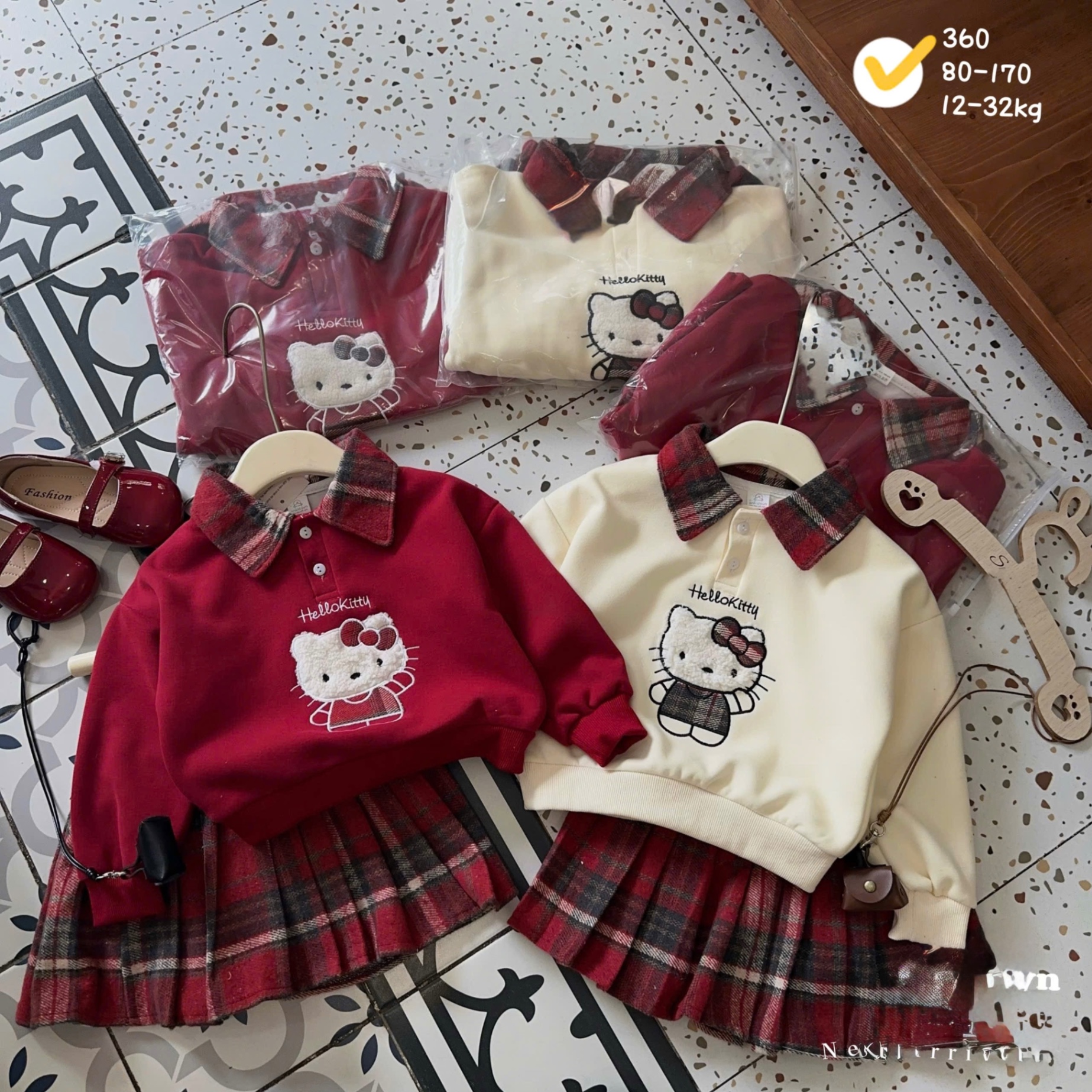 G829 - SET BÉ GÁI ÁO NỈ CỔ KẺ THÊU KITTY CVAY DẠ