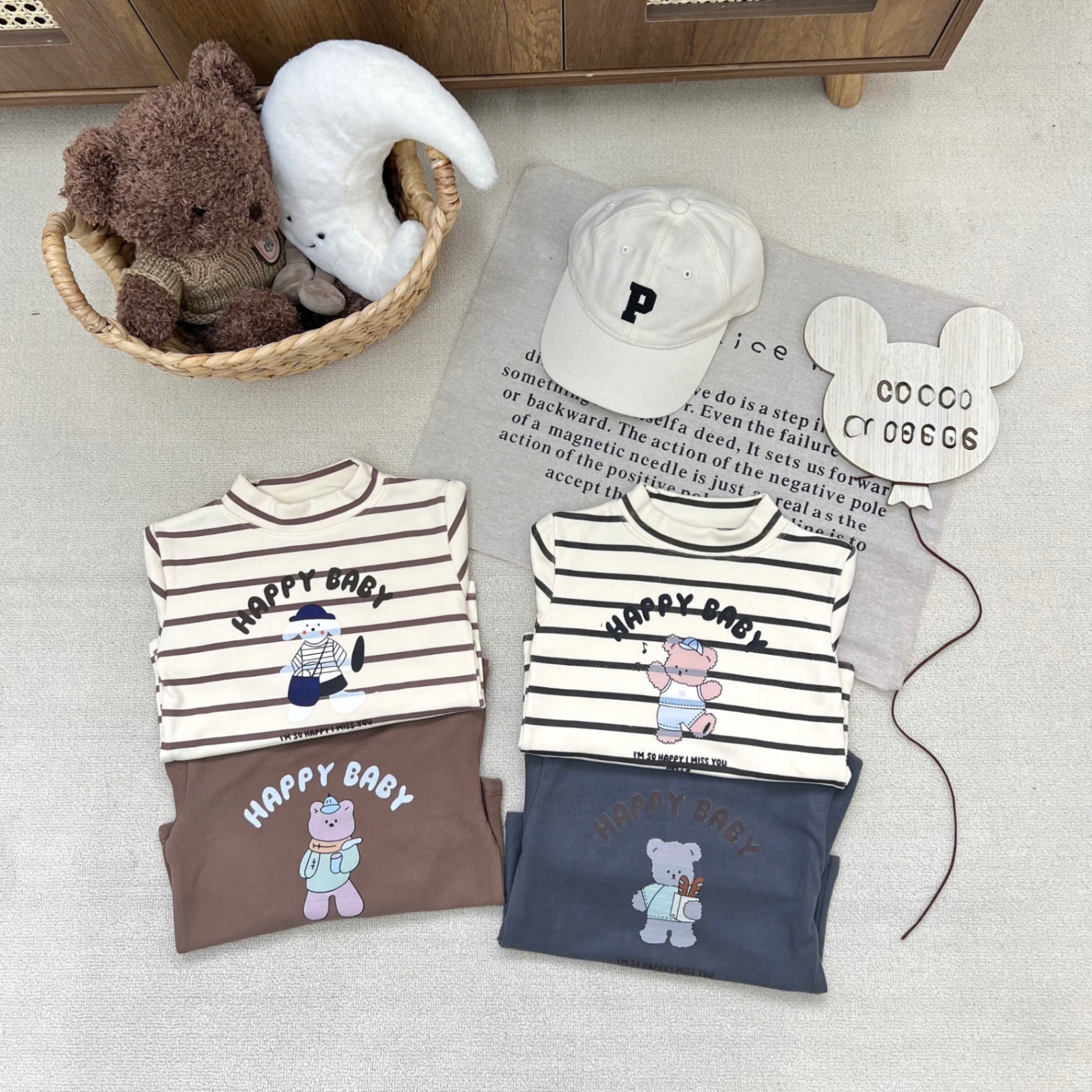 AB836 - SET 4 ÁO BE TRAI CỔ 3P GẤU HAPPY BABY