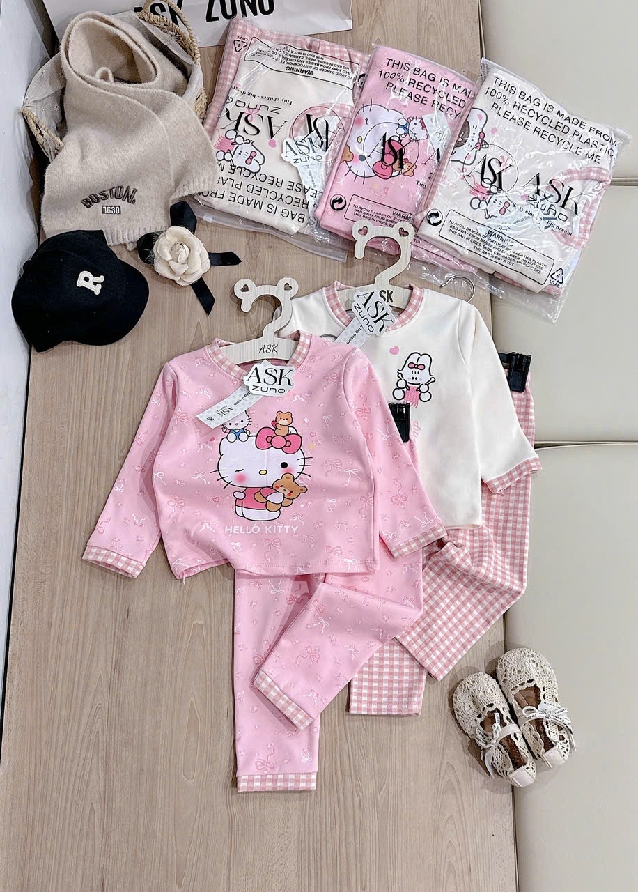G827 - SET 2 BỘ BÉ GÁI ZIP LÔNG KITTY hồng be PHỐI KẺ