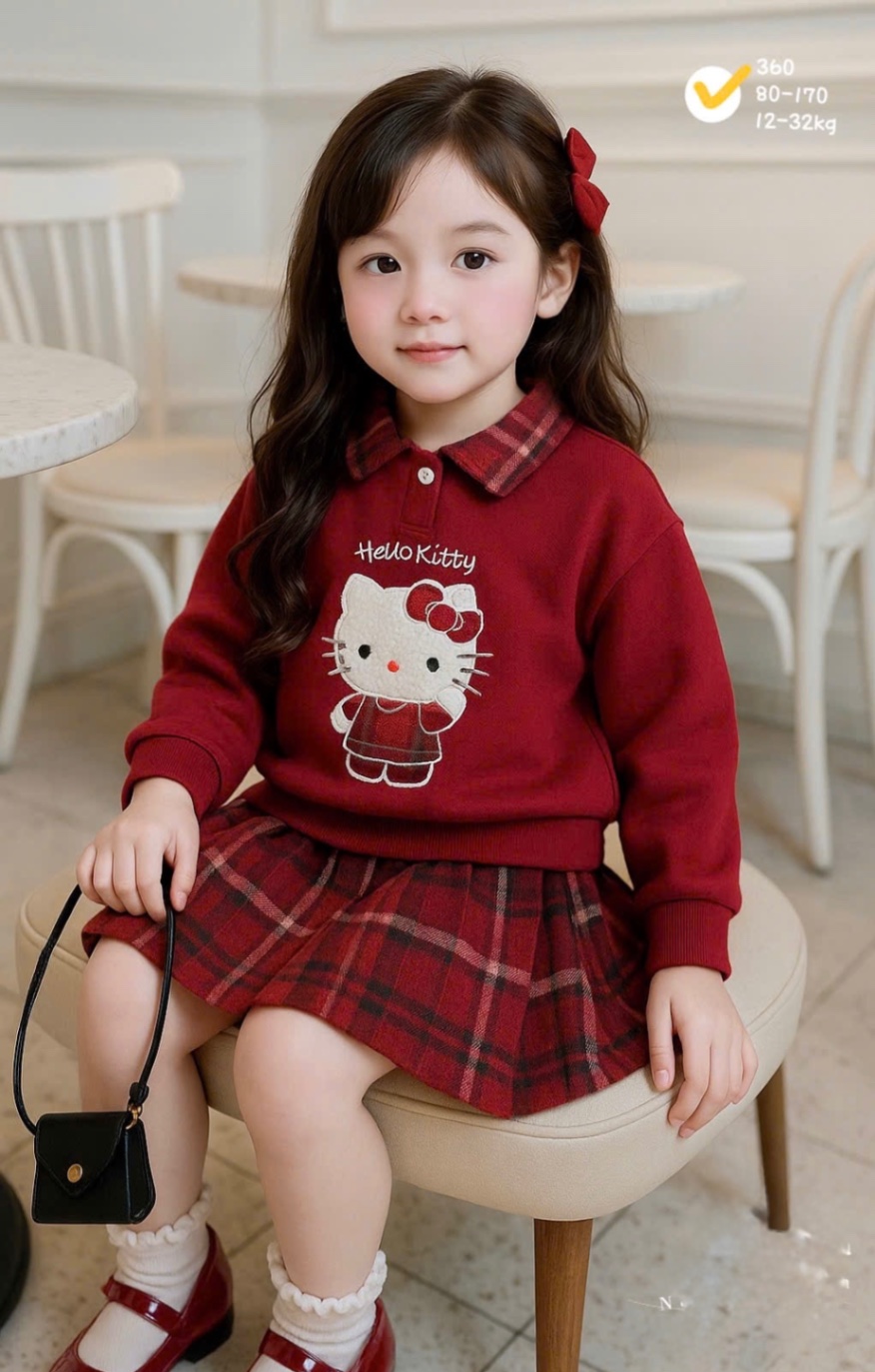 G829 - SET BÉ GÁI ÁO NỈ CỔ KẺ THÊU KITTY CVAY DẠ