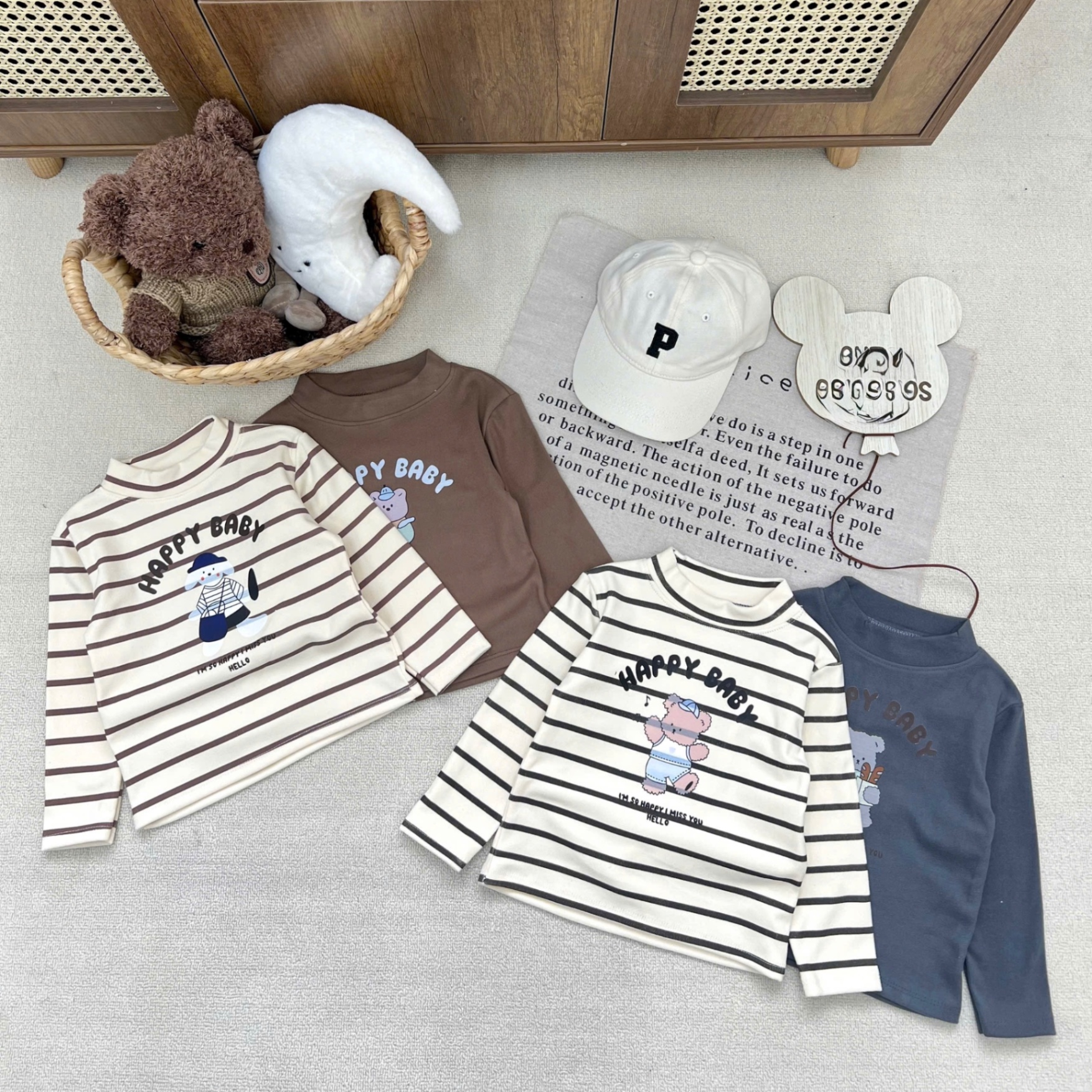 AB836 - SET 4 ÁO BE TRAI CỔ 3P GẤU HAPPY BABY