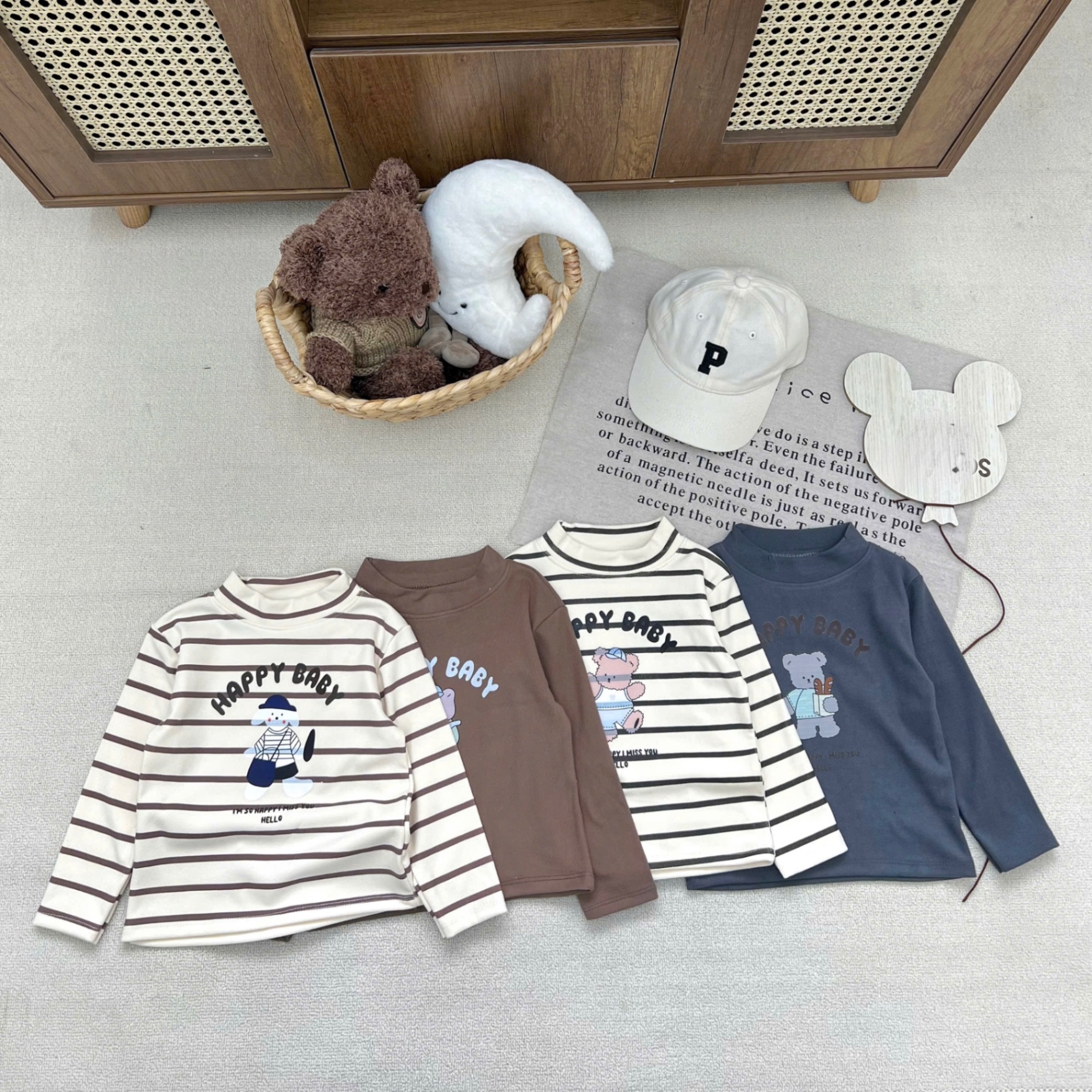 AB836 - SET 4 ÁO BE TRAI CỔ 3P GẤU HAPPY BABY