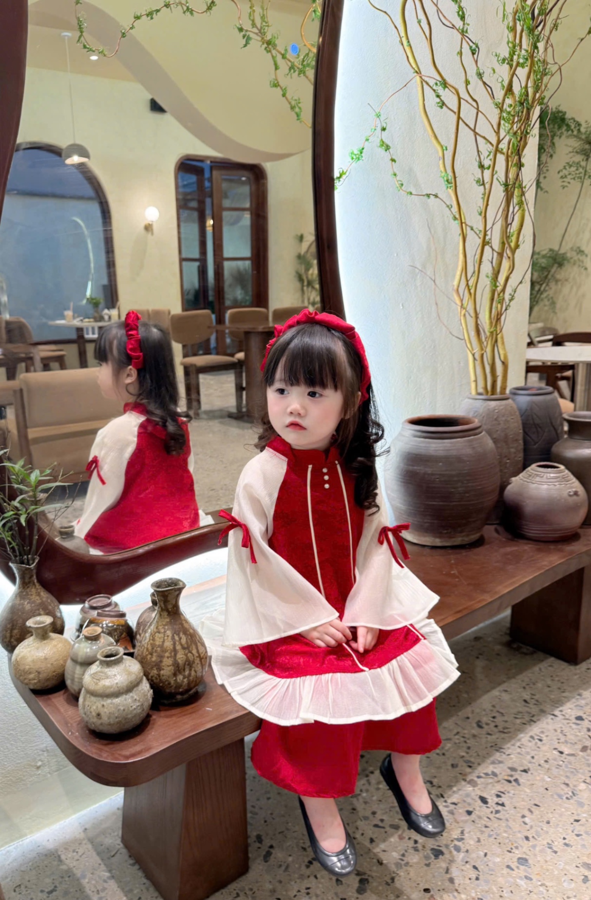 G833 - SET ÁO DÀI BÉ GÁI CỔ CÚC NGỌC TAY PHỐI TƠ