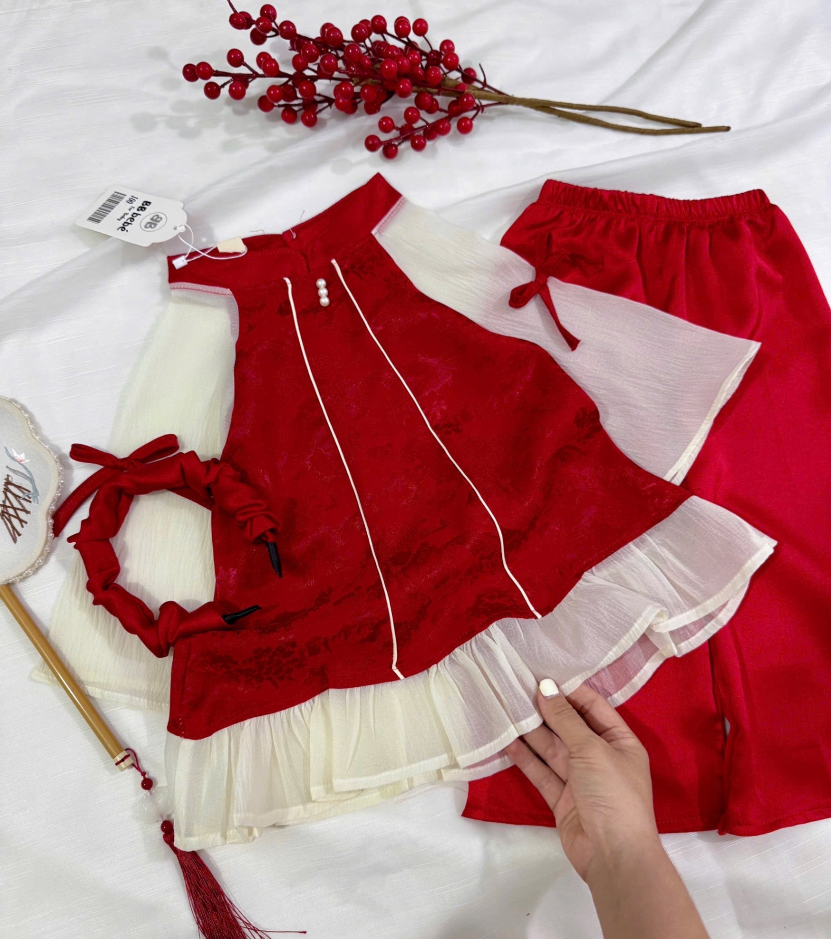 G833 - SET ÁO DÀI BÉ GÁI CỔ CÚC NGỌC TAY PHỐI TƠ