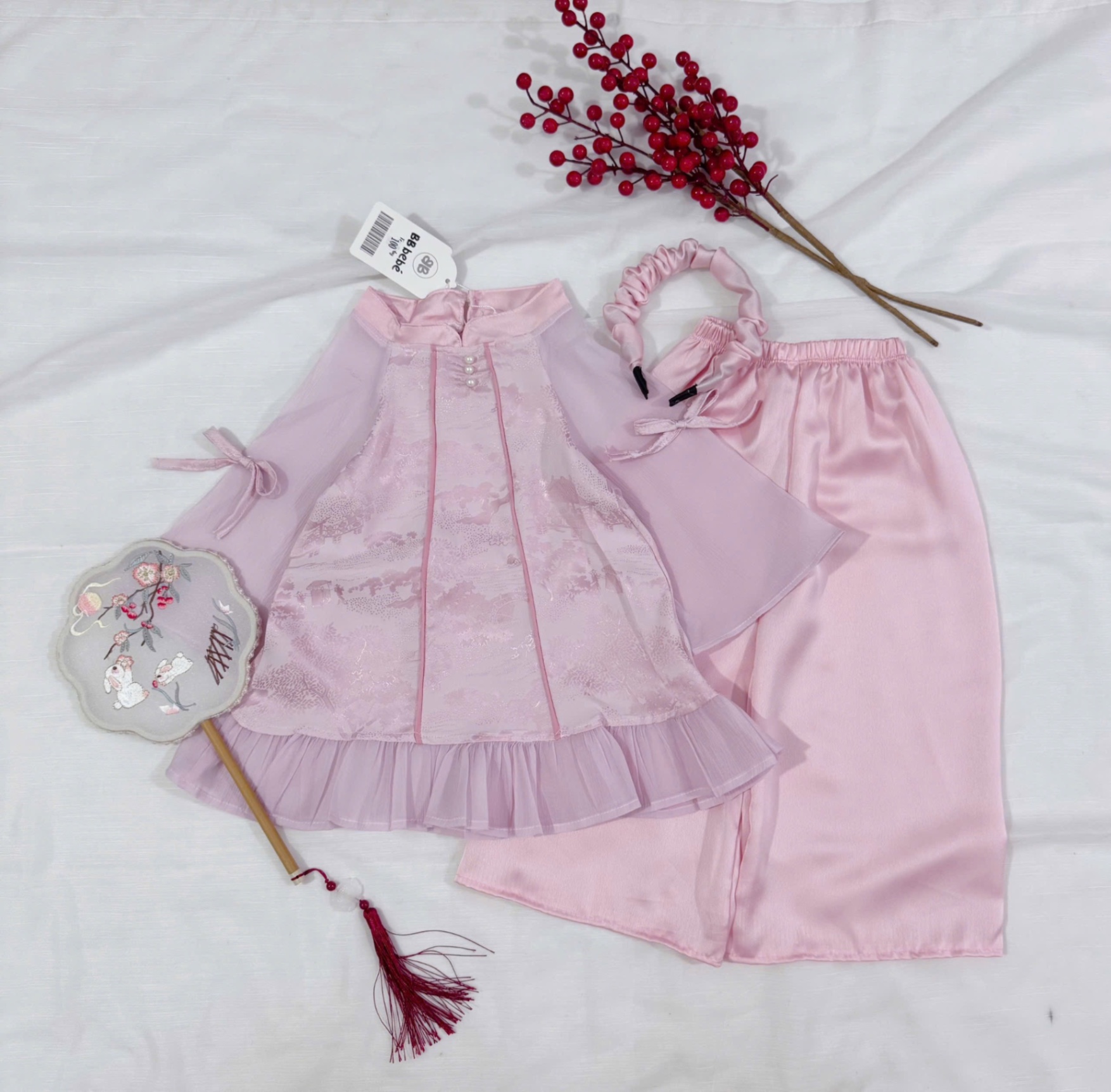 G833 - SET ÁO DÀI BÉ GÁI CỔ CÚC NGỌC TAY PHỐI TƠ