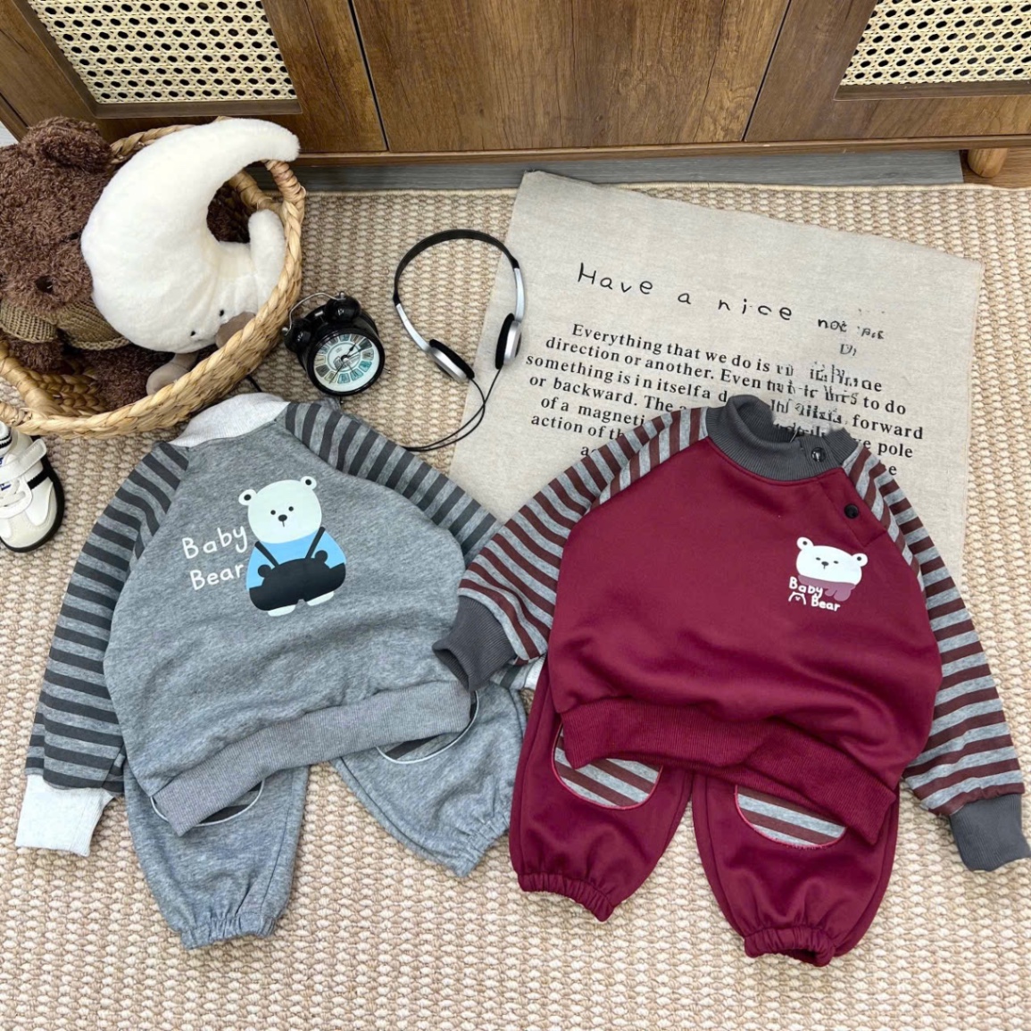 T046 - BỘ NỈ BÉ TRAI HAIDA TAY KẺ GẤU BABY BEAR