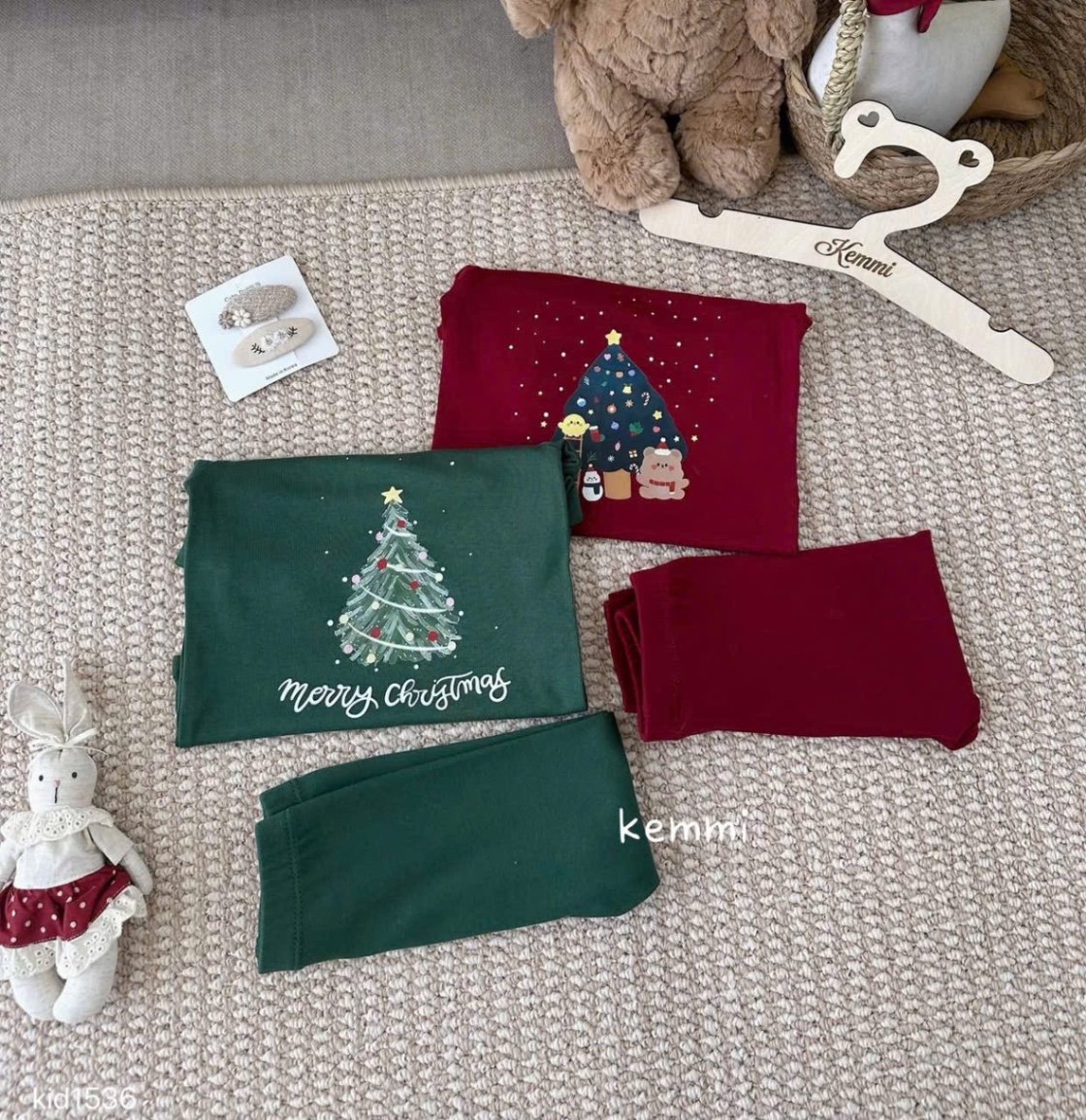 G838 - SET 2 BỘ BÉ DÀI TAY NOEL CÂY THÔNG xanh đỏ