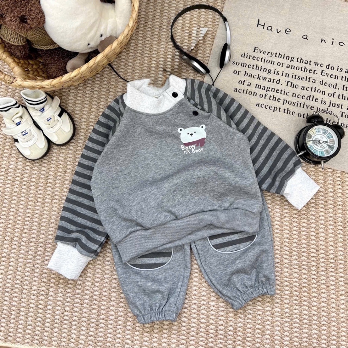 T046 - BỘ NỈ BÉ TRAI HAIDA TAY KẺ GẤU BABY BEAR