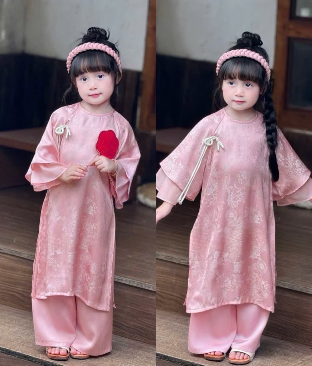 G843 - SET ÁO DÀI BÉ GÁI HỒNG VÂN LỤA TẾT NƠ
