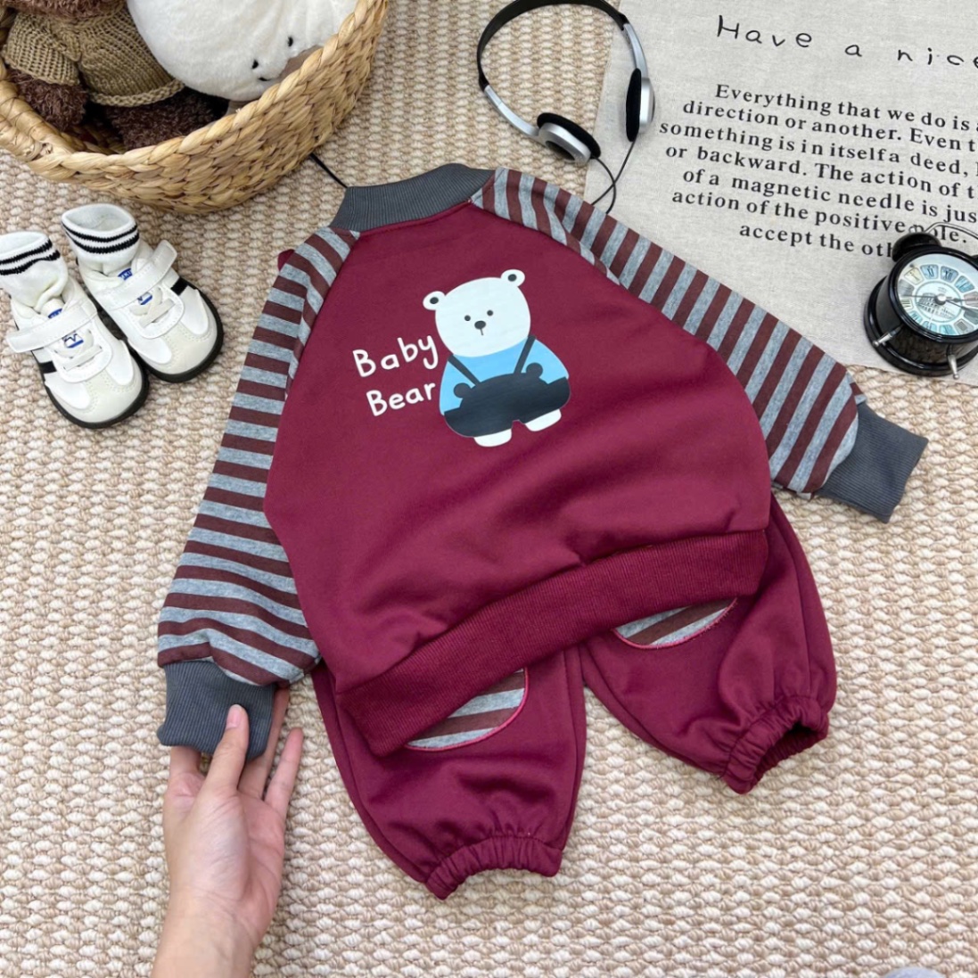 T046 - BỘ NỈ BÉ TRAI HAIDA TAY KẺ GẤU BABY BEAR