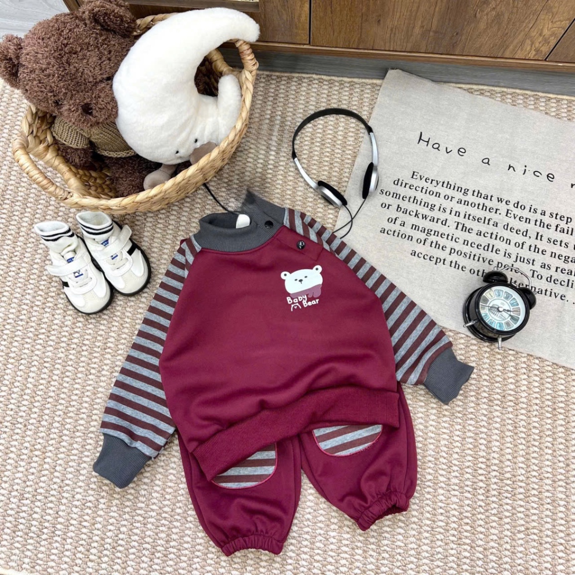 T046 - BỘ NỈ BÉ TRAI HAIDA TAY KẺ GẤU BABY BEAR