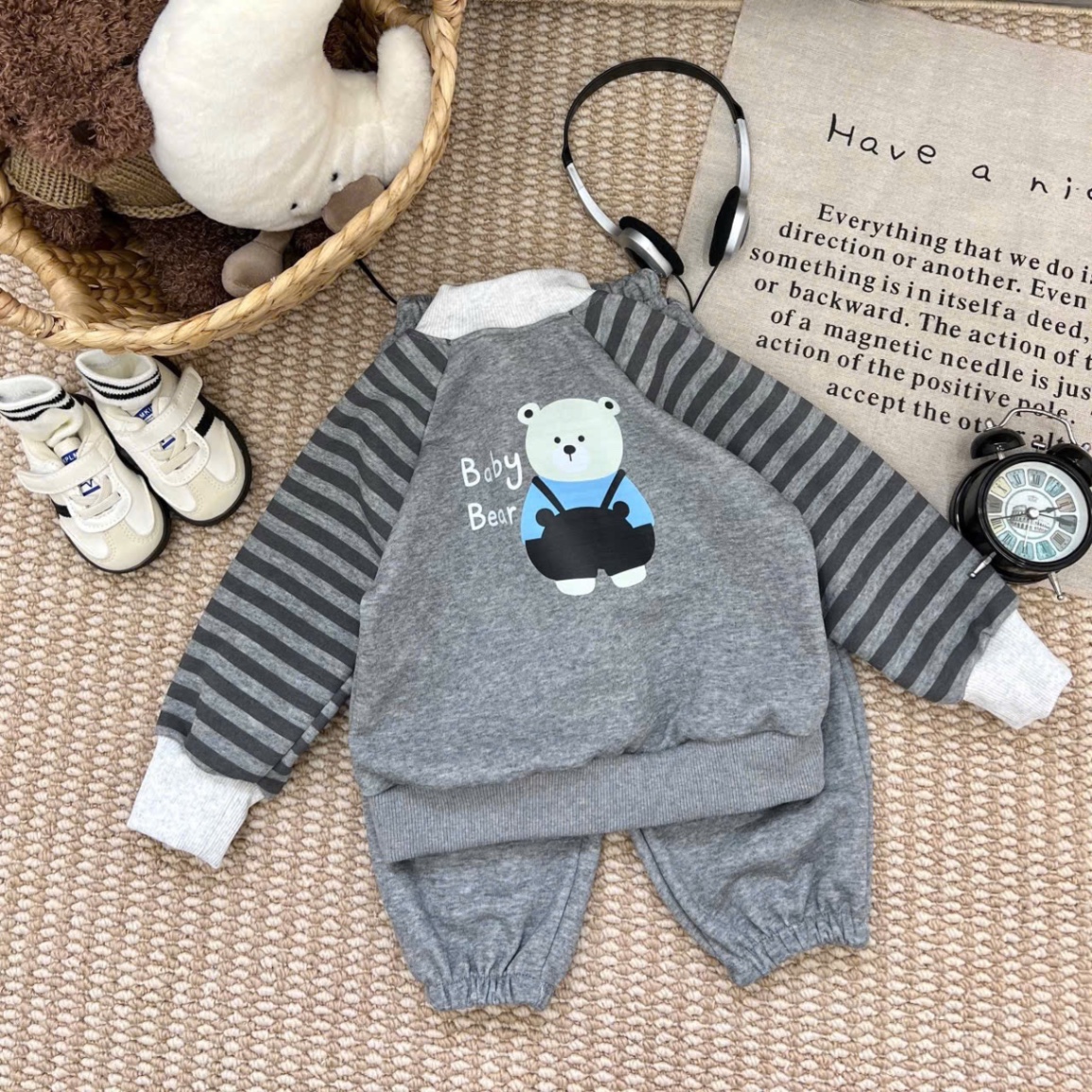 T046 - BỘ NỈ BÉ TRAI HAIDA TAY KẺ GẤU BABY BEAR