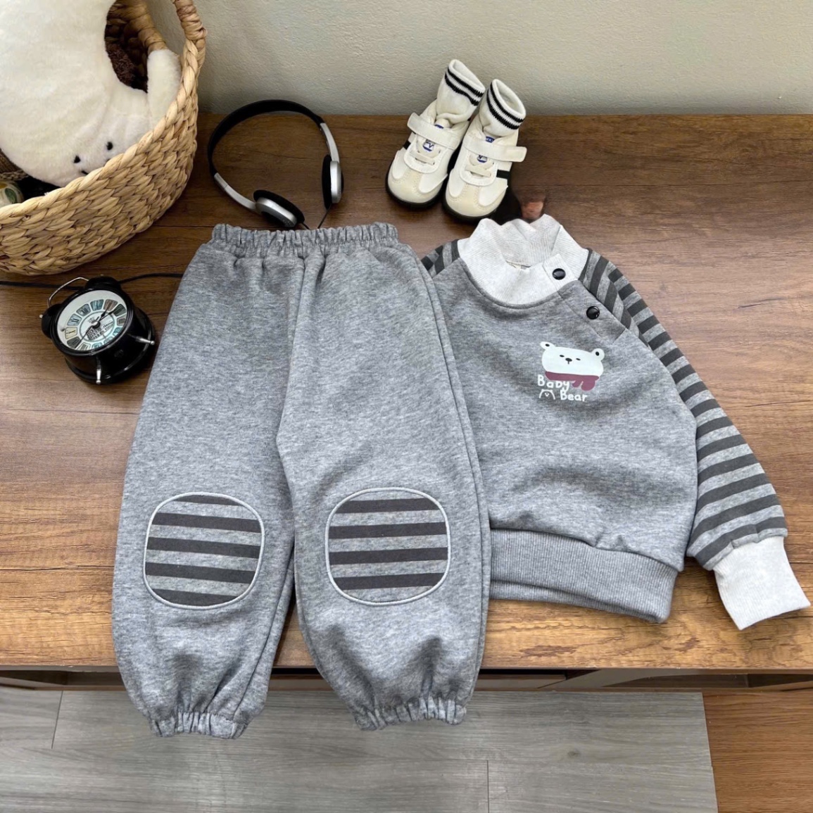 T046 - BỘ NỈ BÉ TRAI HAIDA TAY KẺ GẤU BABY BEAR