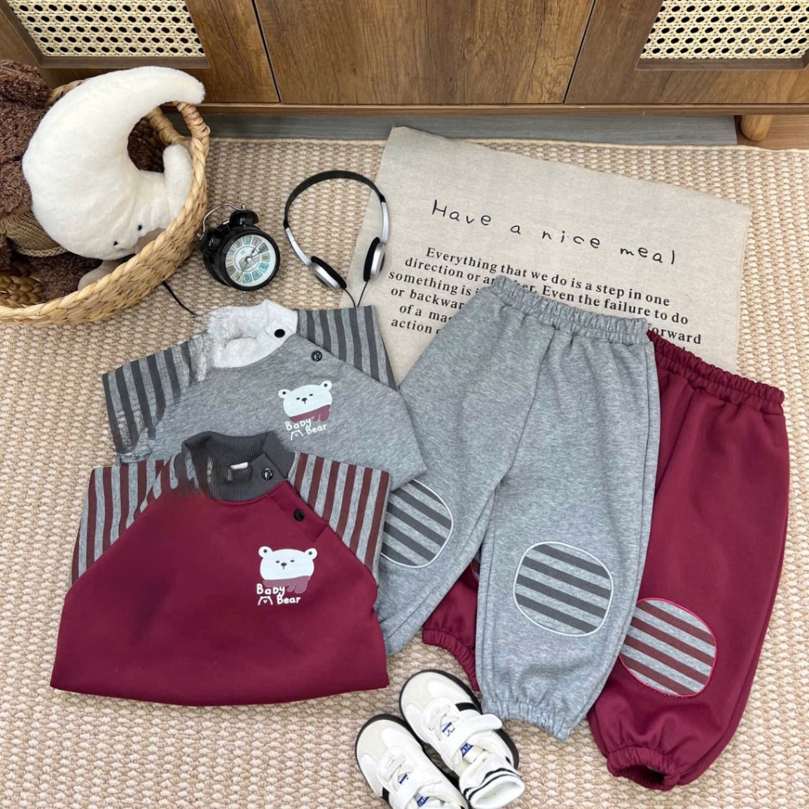 T046 - BỘ NỈ BÉ TRAI HAIDA TAY KẺ GẤU BABY BEAR