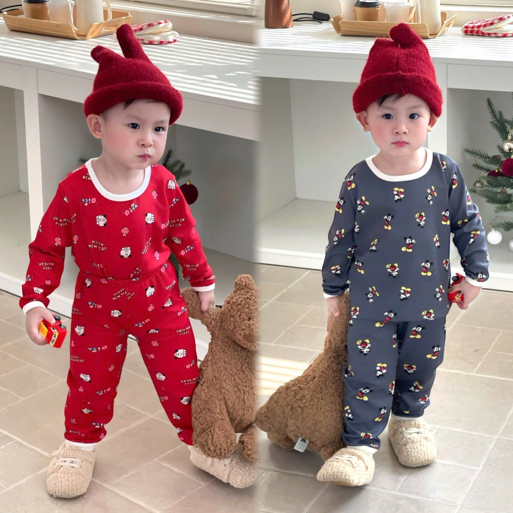 T060 - SET 2 BỘ BÉ ZIP LÔNG MICKEY NEWYEAR đỏ xám