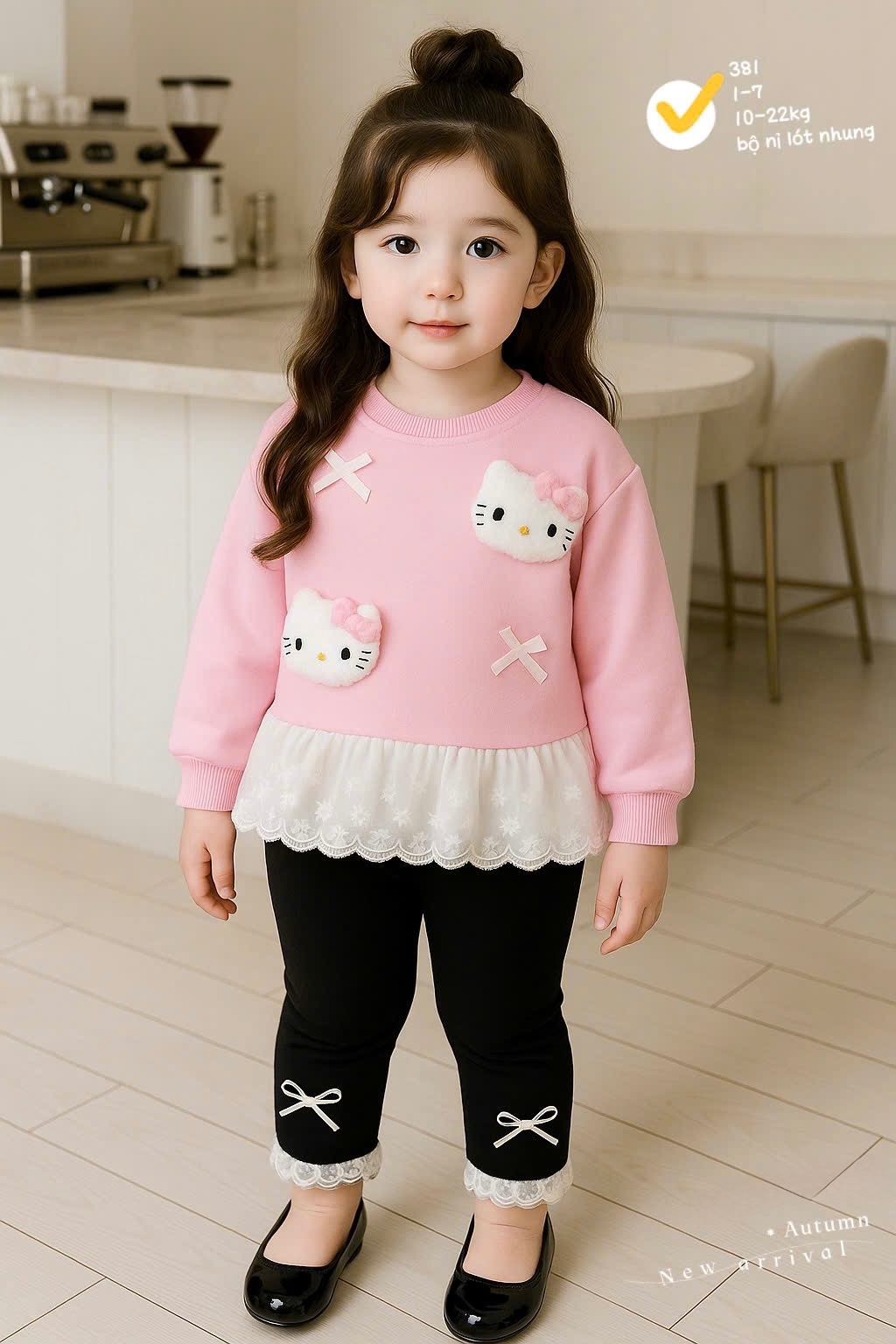 G840 - BỘ BÉ GÁI NỈ LÓT NHUNG KITTY NỔI PHỐI REN
