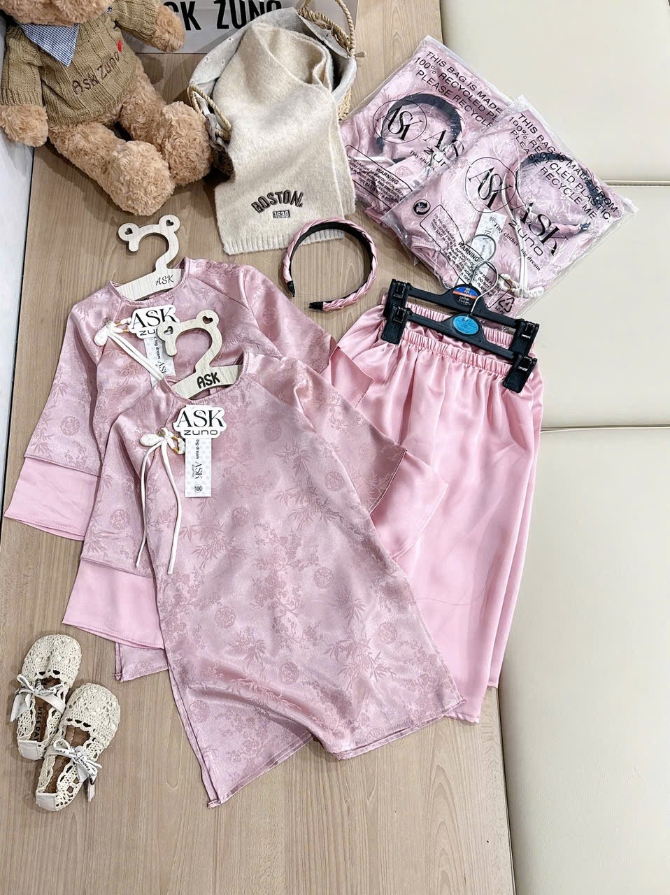 G843 - SET ÁO DÀI BÉ GÁI HỒNG VÂN LỤA TẾT NƠ