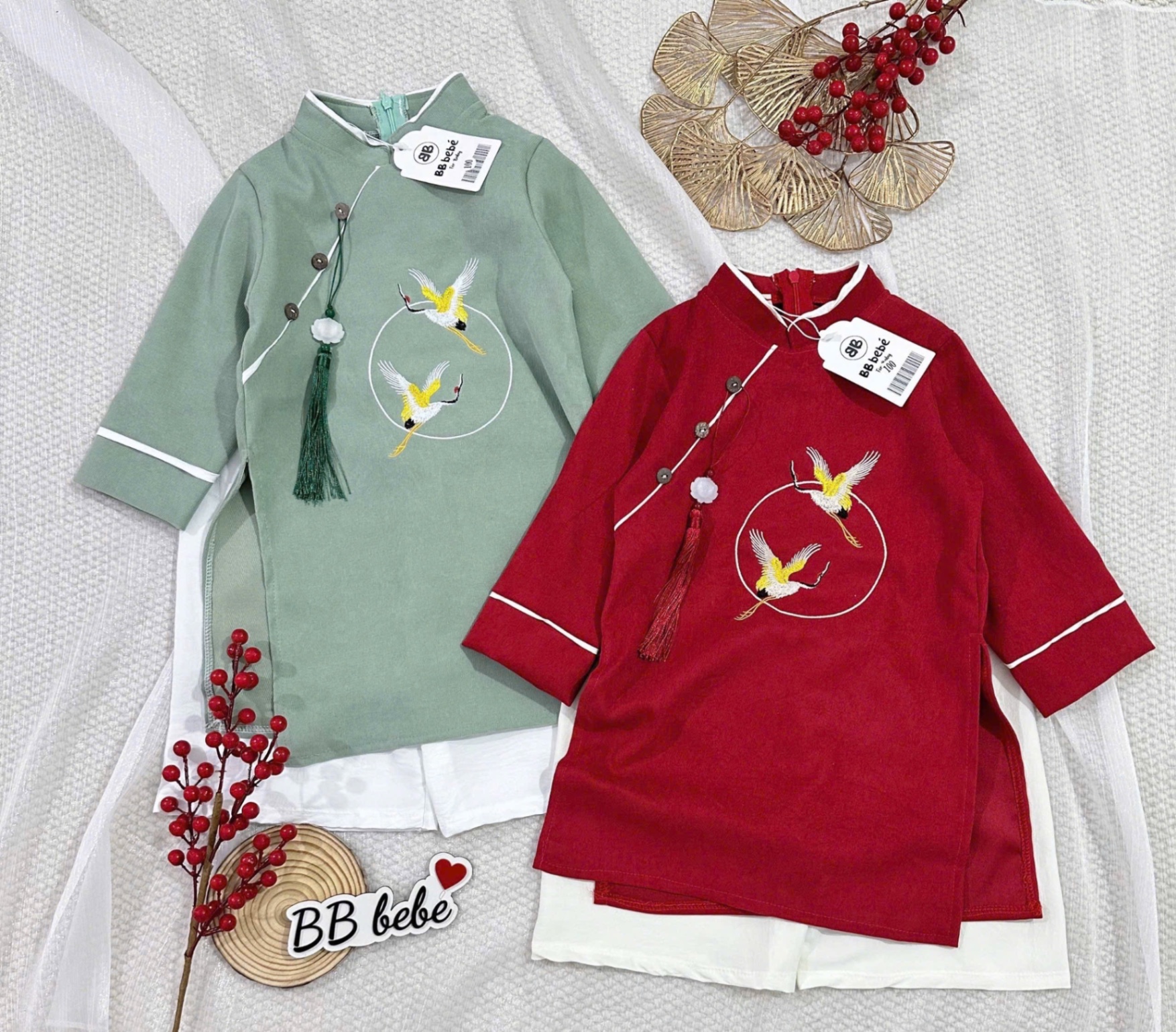 T057 - SET ÁO DÀI BÉ TRAI XANH ĐỎ THÊU HẠC