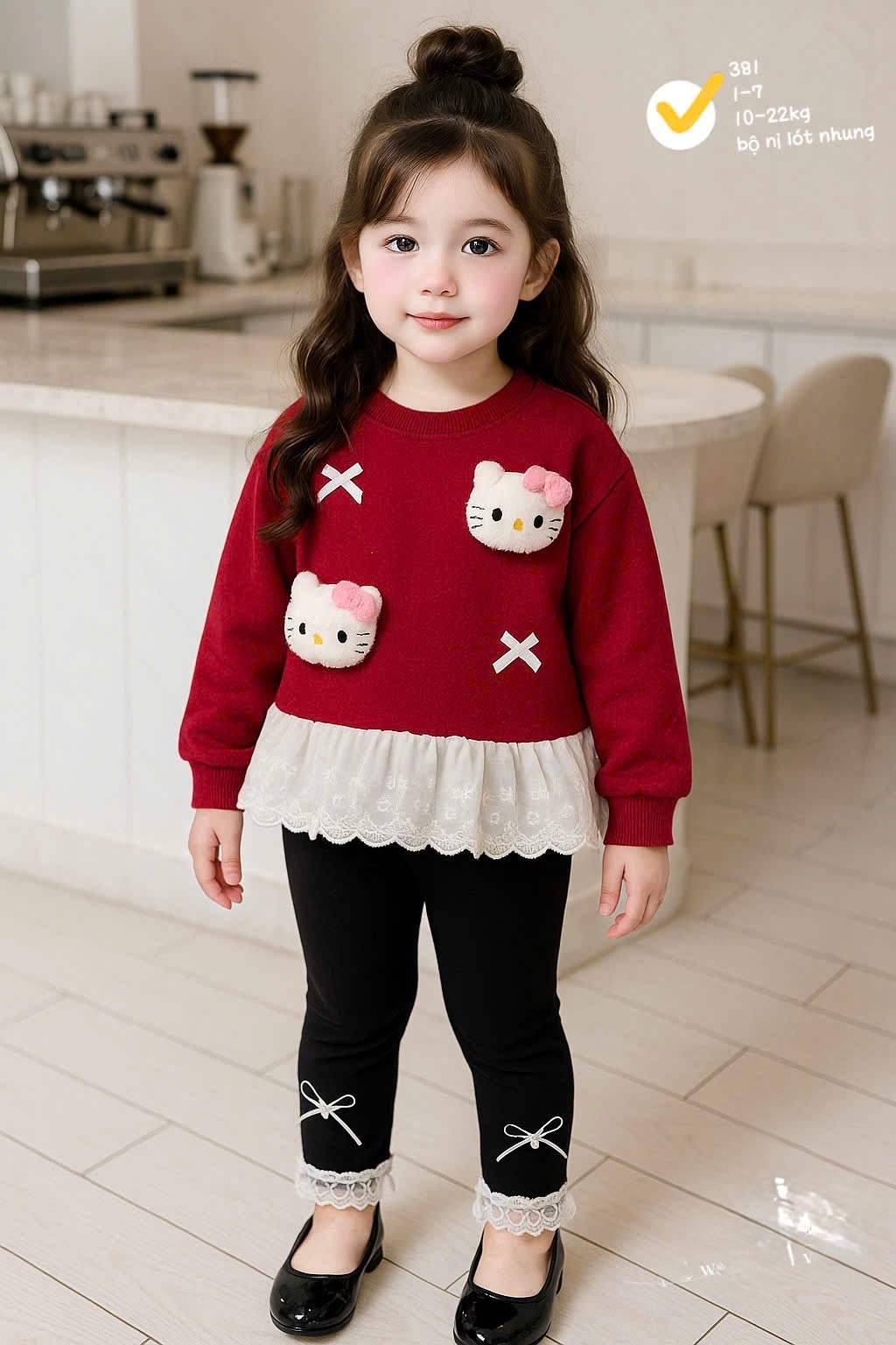 G840 - BỘ BÉ GÁI NỈ LÓT NHUNG KITTY NỔI PHỐI REN