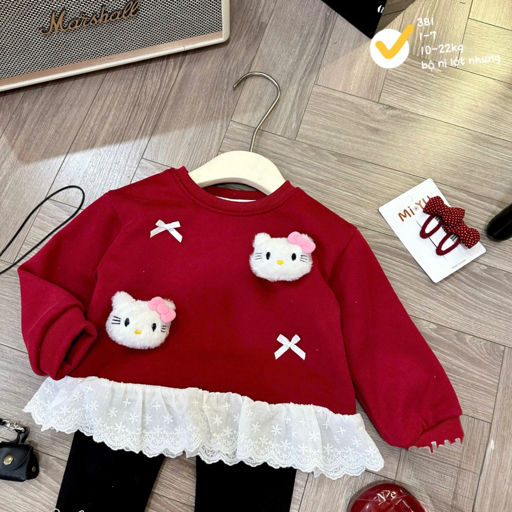 G840 - BỘ BÉ GÁI NỈ LÓT NHUNG KITTY NỔI PHỐI REN
