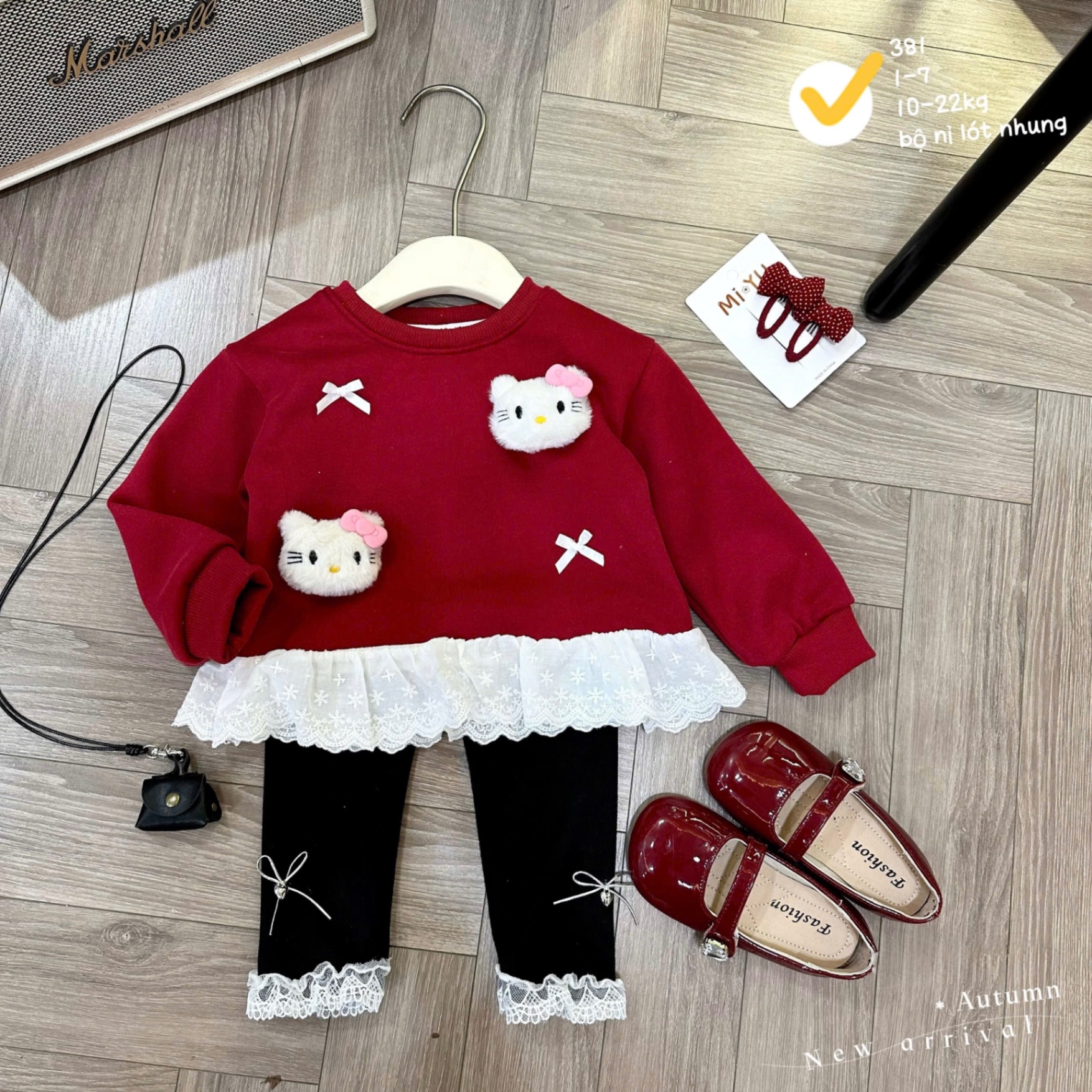 G840 - BỘ BÉ GÁI NỈ LÓT NHUNG KITTY NỔI PHỐI REN