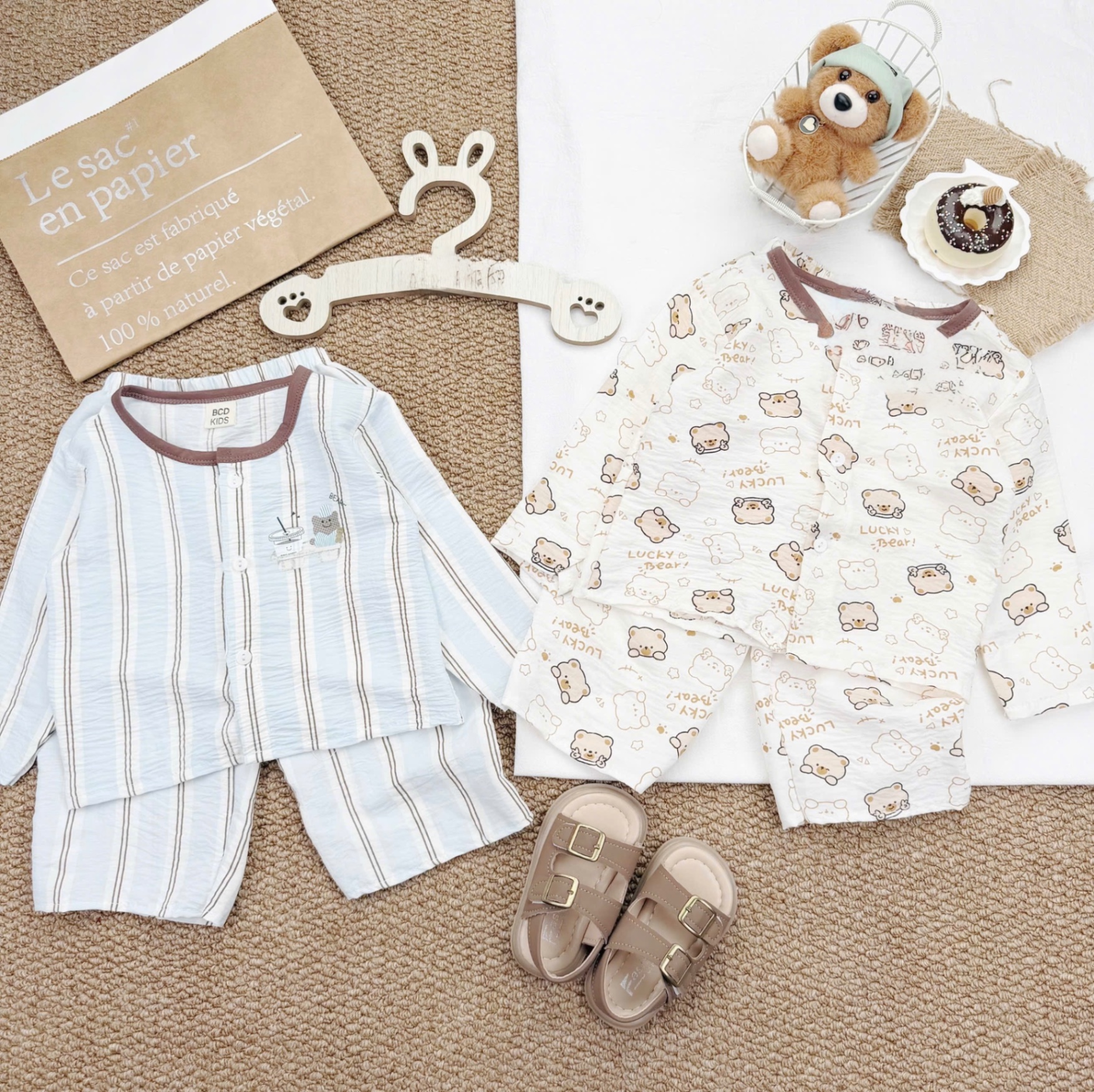 T052 - SET 2 BỘ BÉ TRAI PYJAMA CỔ TRÒN GẤU NÂU xanh be