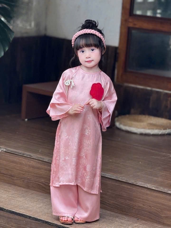 G843 - SET ÁO DÀI BÉ GÁI HỒNG VÂN LỤA TẾT NƠ