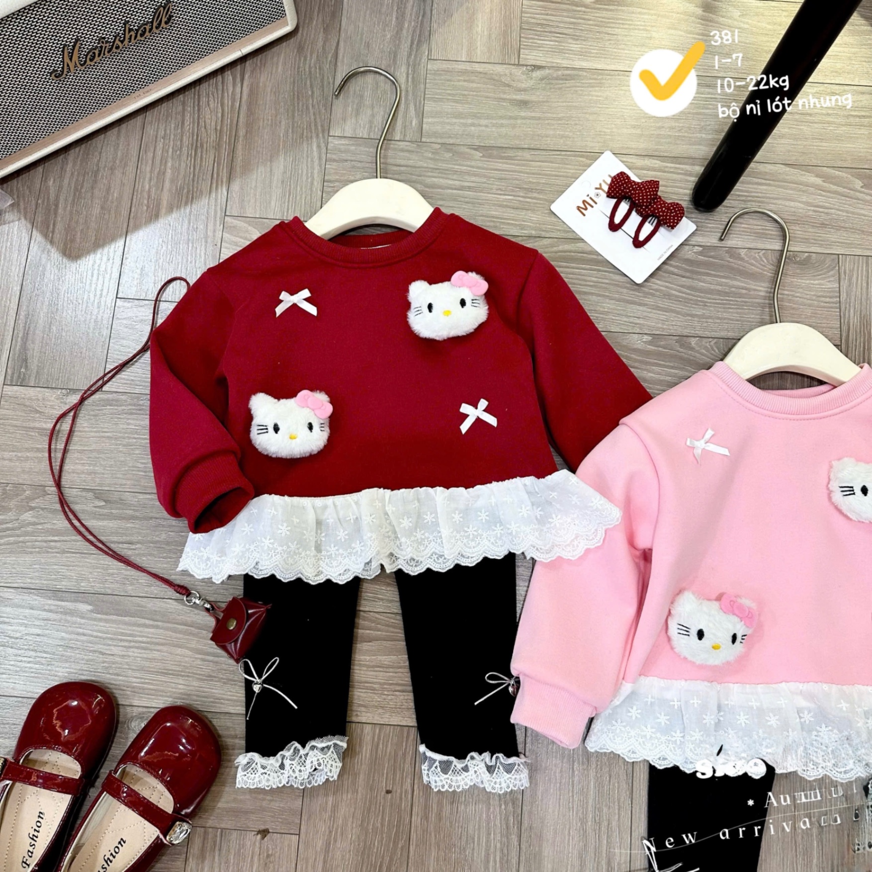 G840 - BỘ BÉ GÁI NỈ LÓT NHUNG KITTY NỔI PHỐI REN