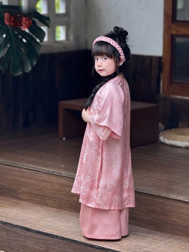 G843 - SET ÁO DÀI BÉ GÁI HỒNG VÂN LỤA TẾT NƠ