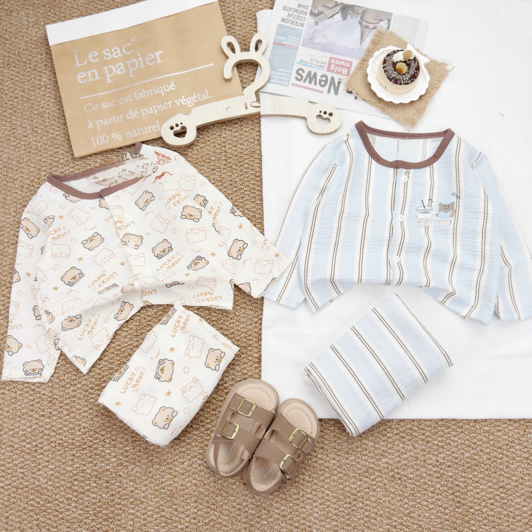 T052 - SET 2 BỘ BÉ TRAI PYJAMA CỔ TRÒN GẤU NÂU xanh be