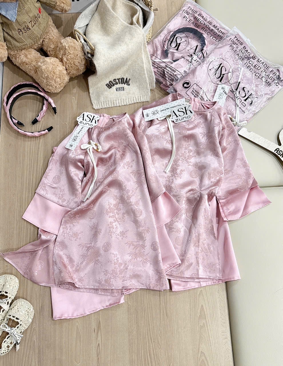 G843 - SET ÁO DÀI BÉ GÁI HỒNG VÂN LỤA TẾT NƠ