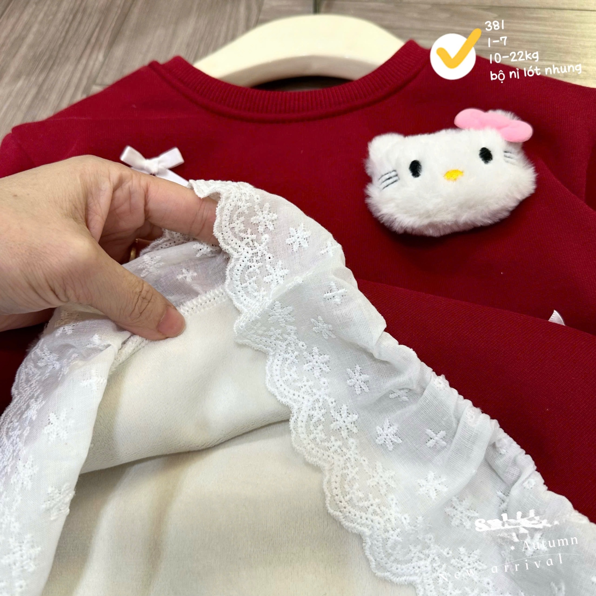 G840 - BỘ BÉ GÁI NỈ LÓT NHUNG KITTY NỔI PHỐI REN