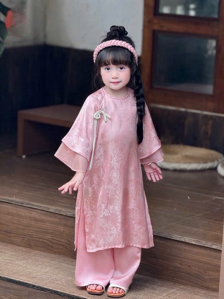 G843 - SET ÁO DÀI BÉ GÁI HỒNG VÂN LỤA TẾT NƠ